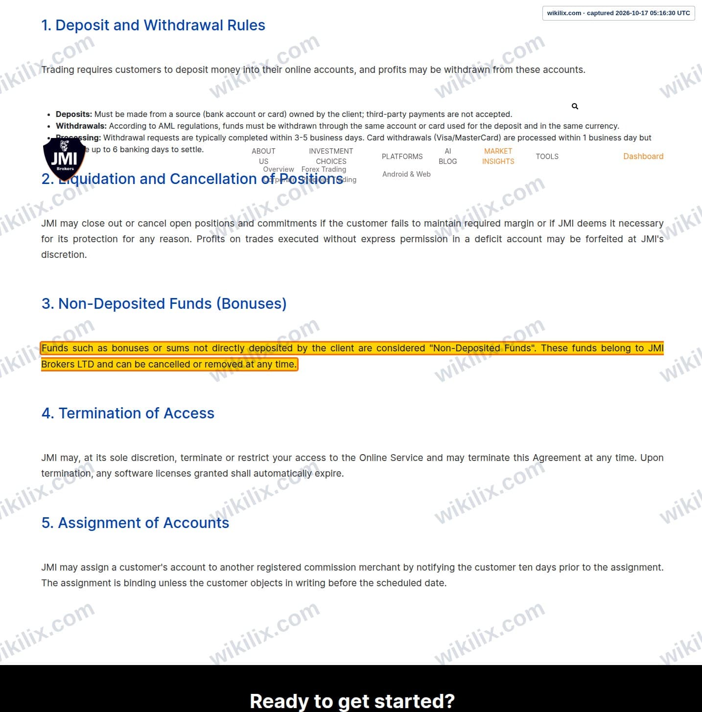 Our full page screenshot of the page this clause sits on, on JMI Brokers's site jmibrokers.com, taken on Oct 17, 2026. The quoted words are marked in the image.