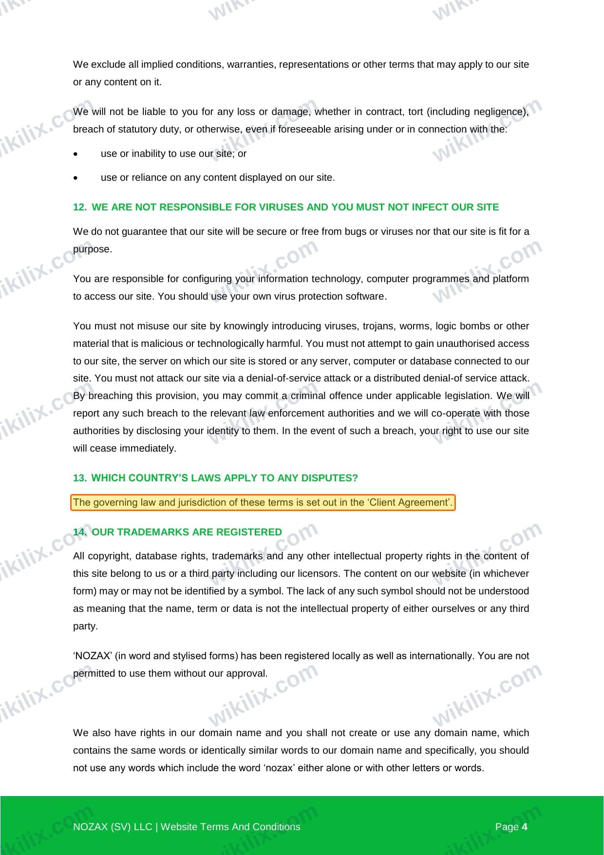 Our full page screenshot of the page this clause sits on, on NOZAX's site nozax.com, taken on Sep 21, 2026. The quoted words are marked in the image.