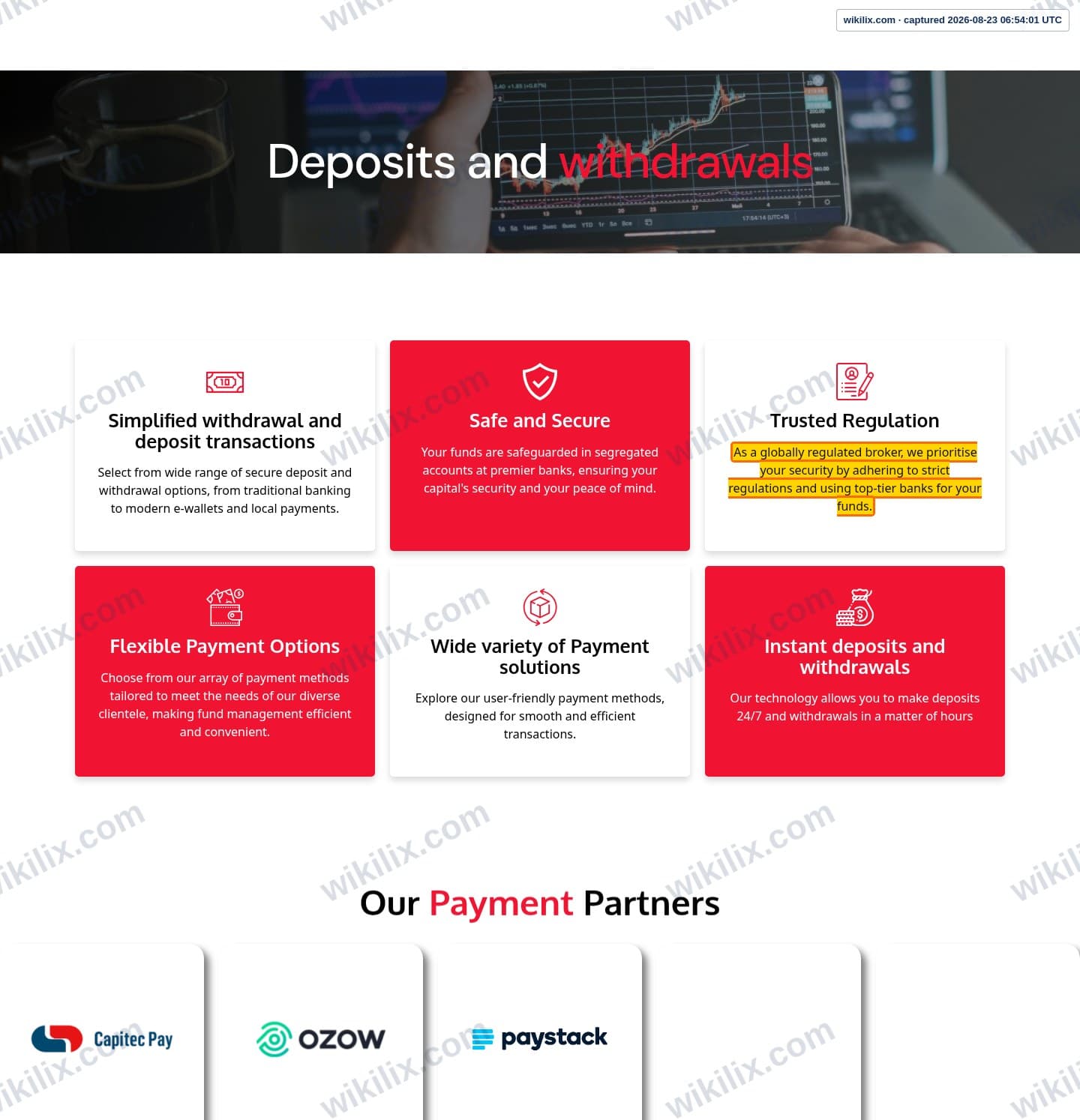 Our full page screenshot of the page that makes this promise, on JP Markets's site jpmarkets.co.za, taken on Aug 23, 2026. The quoted words are marked in the image.