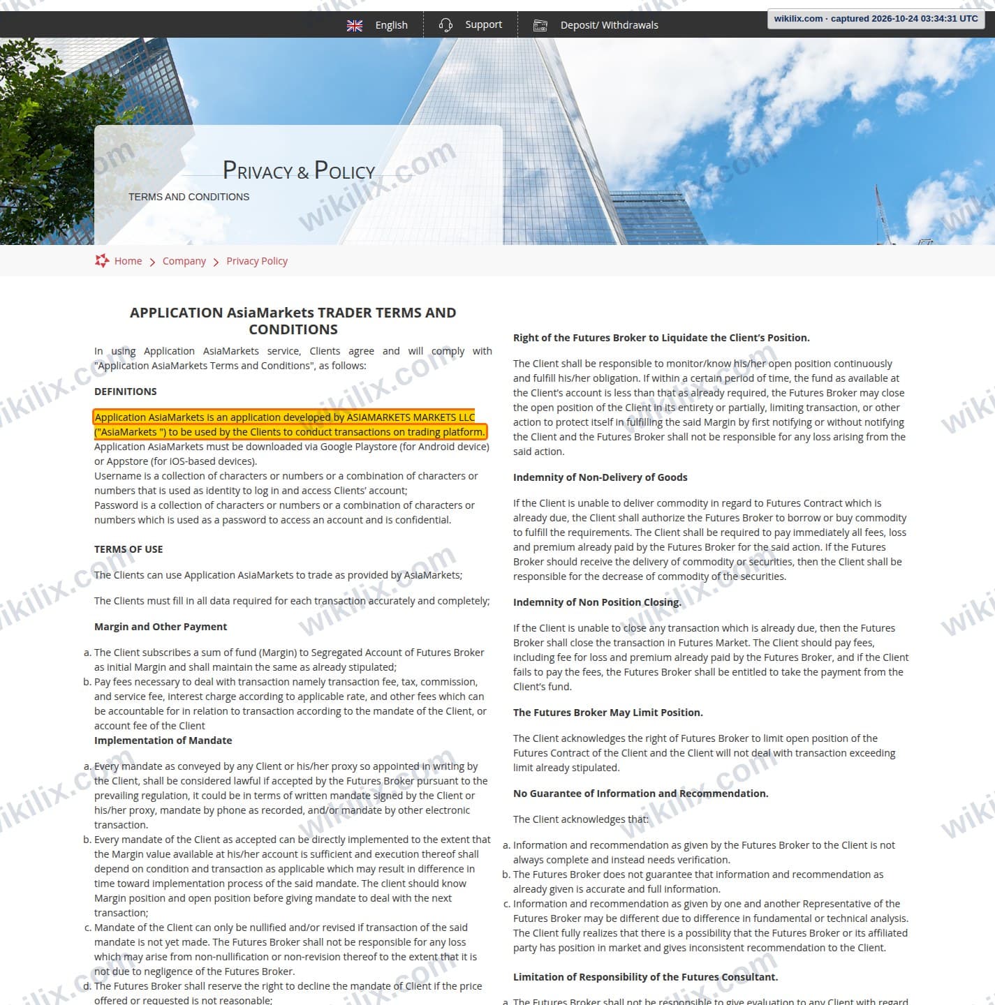 Our full page screenshot of the page this clause sits on, on SalmaMarkets's site salmamarket.asia, taken on Oct 24, 2026. The quoted words are marked in the image.