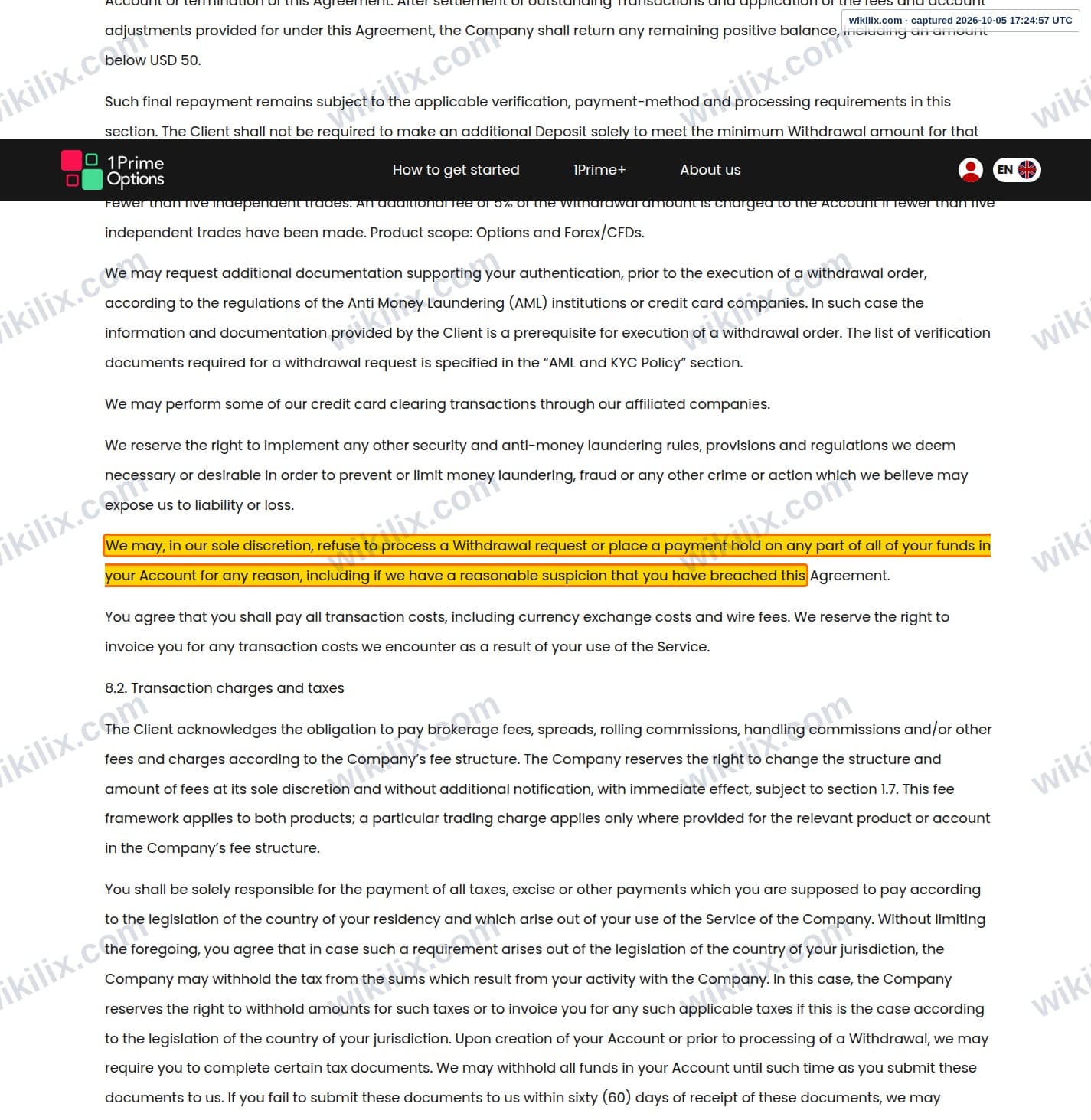 Our full page screenshot of the page this clause sits on, on 1PrimeOptions's site 1primeoptions.com, taken on Oct 5, 2026. The quoted words are marked in the image.