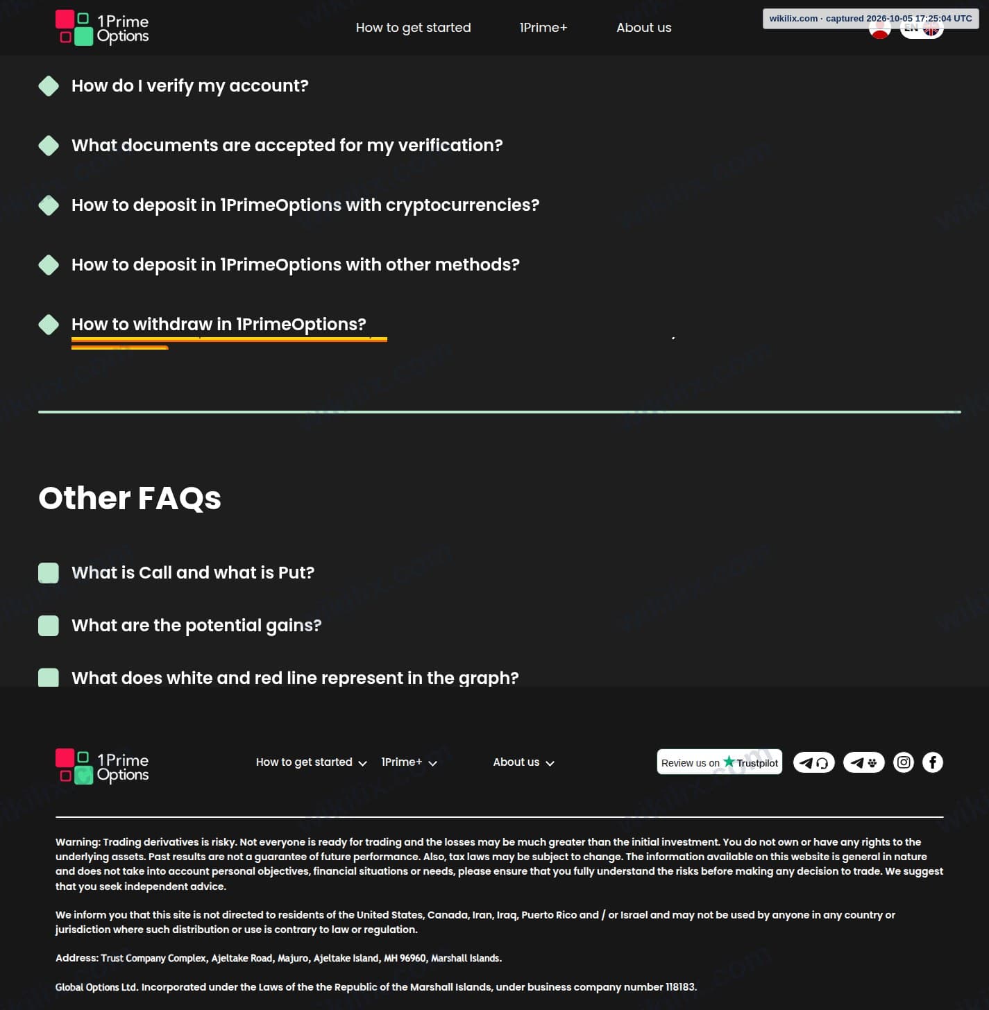 Our full page screenshot of the page that makes this promise, on 1PrimeOptions's site 1primeoptions.com, taken on Oct 5, 2026. The quoted words are marked in the image.