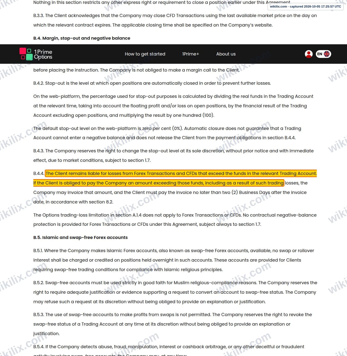 Our full page screenshot of the page this clause sits on, on 1PrimeOptions's site 1primeoptions.com, taken on Oct 5, 2026. The quoted words are marked in the image.