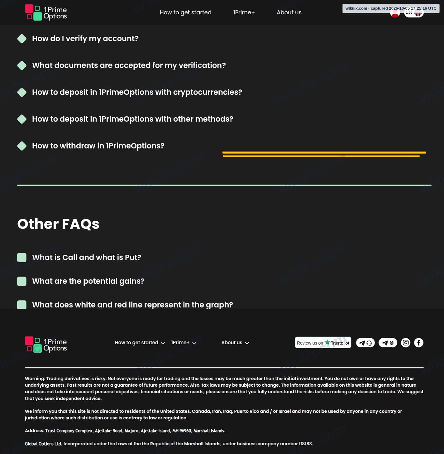 Our full page screenshot of the page that makes this promise, on 1PrimeOptions's site 1primeoptions.com, taken on Oct 5, 2026. The quoted words are marked in the image.
