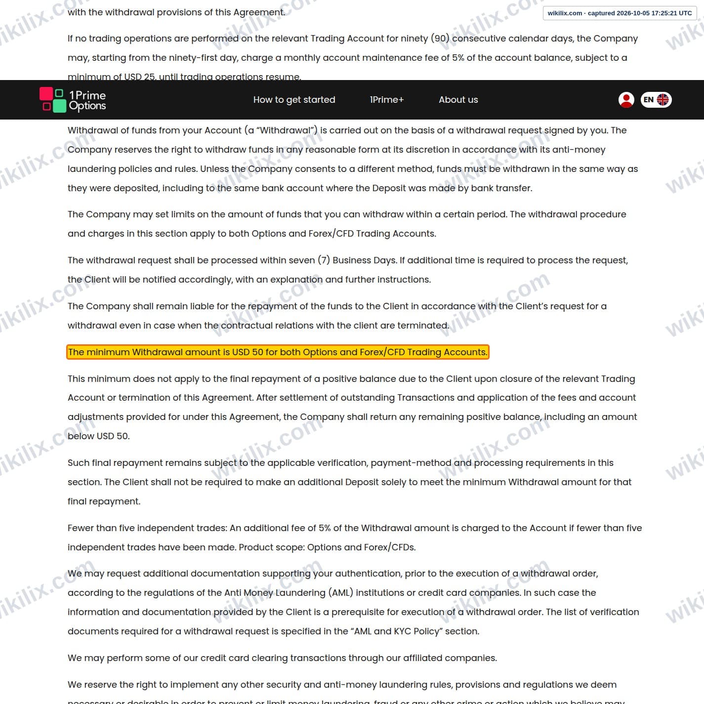 Our full page screenshot of the page this clause sits on, on 1PrimeOptions's site 1primeoptions.com, taken on Oct 5, 2026. The quoted words are marked in the image.