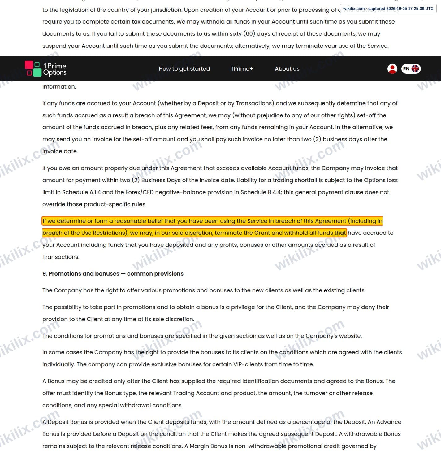 Our full page screenshot of the page this clause sits on, on 1PrimeOptions's site 1primeoptions.com, taken on Oct 5, 2026. The quoted words are marked in the image.