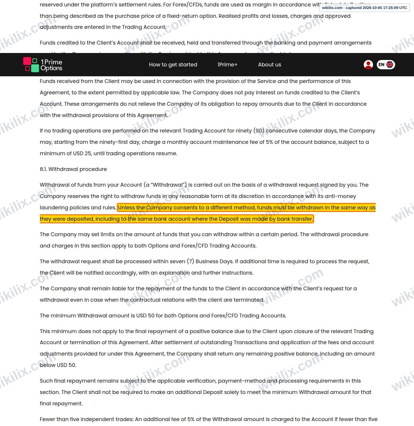 Our full page screenshot of the page this clause sits on, on 1PrimeOptions's site 1primeoptions.com, taken on Oct 5, 2026. The quoted words are marked in the image.