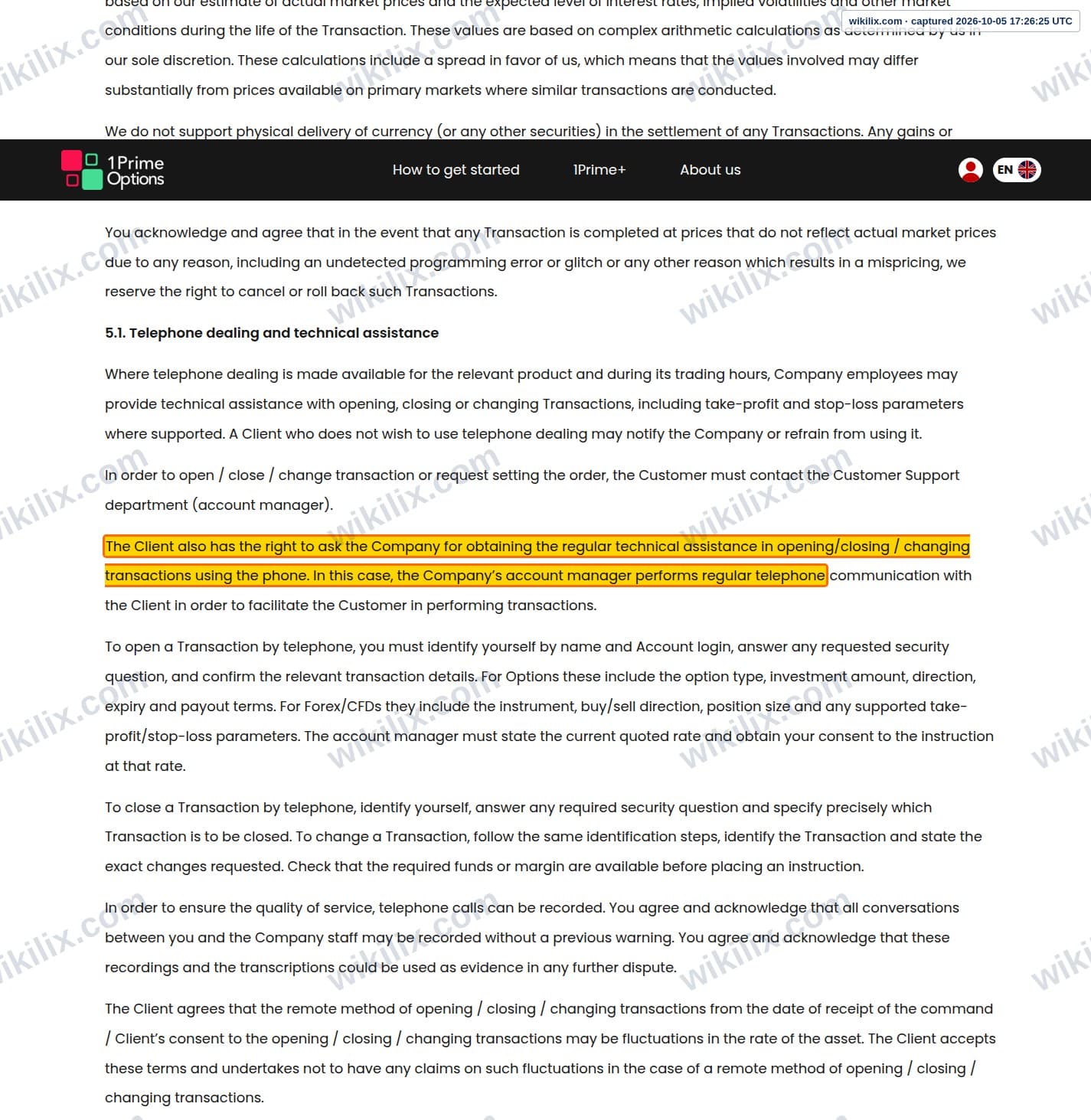 Our full page screenshot of the page this clause sits on, on 1PrimeOptions's site 1primeoptions.com, taken on Oct 5, 2026. The quoted words are marked in the image.