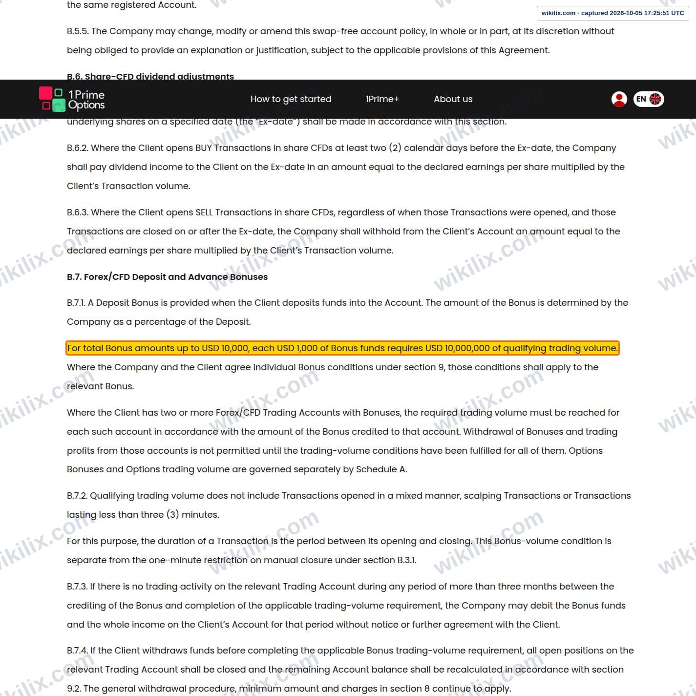 Our full page screenshot of the page this clause sits on, on 1PrimeOptions's site 1primeoptions.com, taken on Oct 5, 2026. The quoted words are marked in the image.