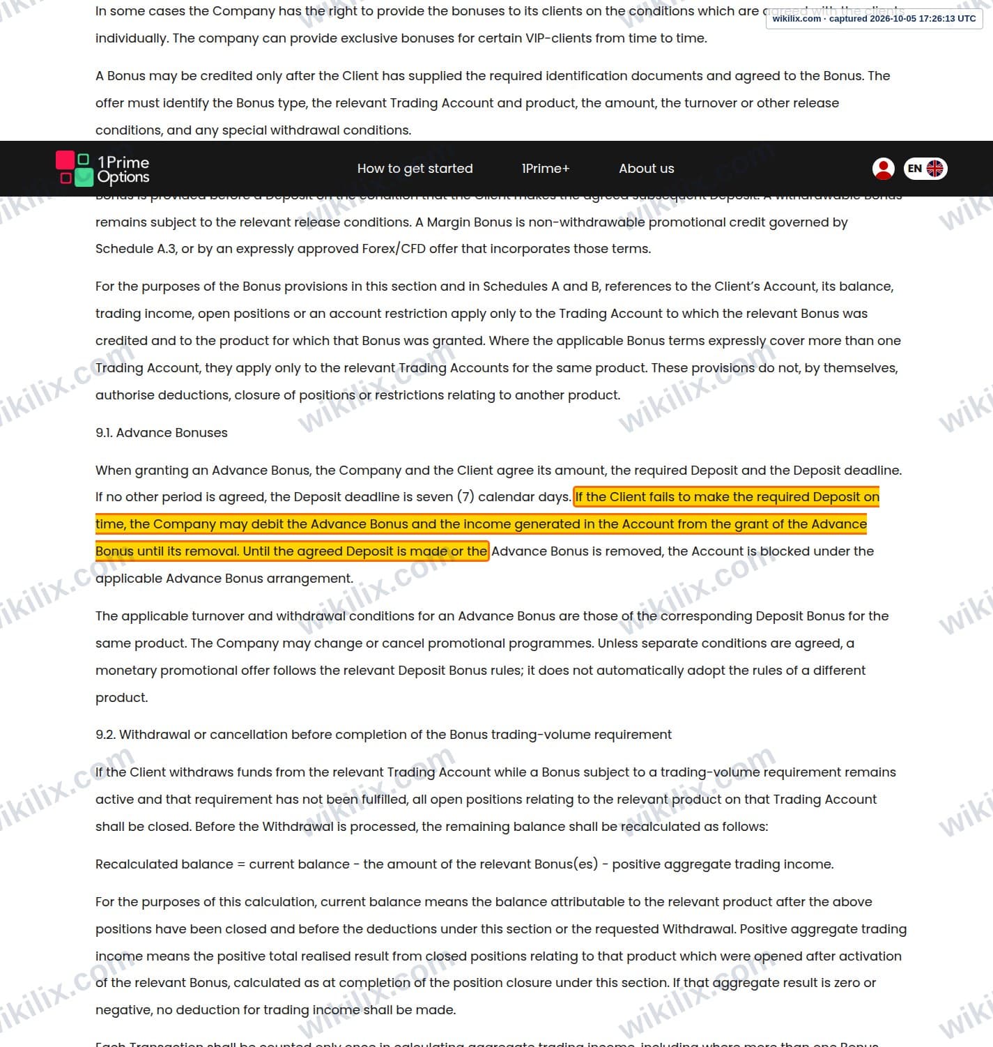 Our full page screenshot of the page this clause sits on, on 1PrimeOptions's site 1primeoptions.com, taken on Oct 5, 2026. The quoted words are marked in the image.
