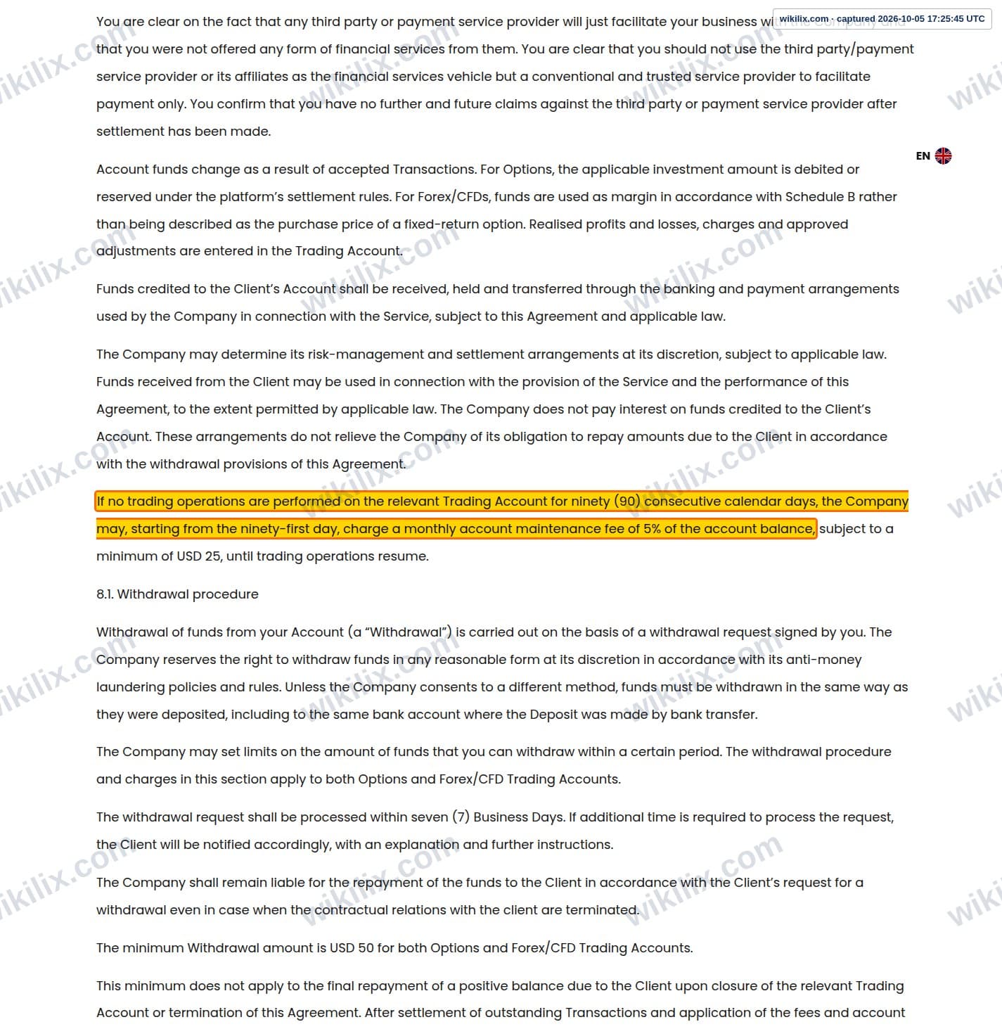 Our full page screenshot of the page this clause sits on, on 1PrimeOptions's site 1primeoptions.com, taken on Oct 5, 2026. The quoted words are marked in the image.
