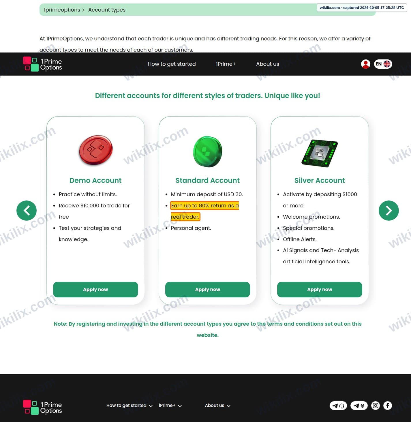 Our full page screenshot of the page that makes this promise, on 1PrimeOptions's site 1primeoptions.com, taken on Oct 5, 2026. The quoted words are marked in the image.