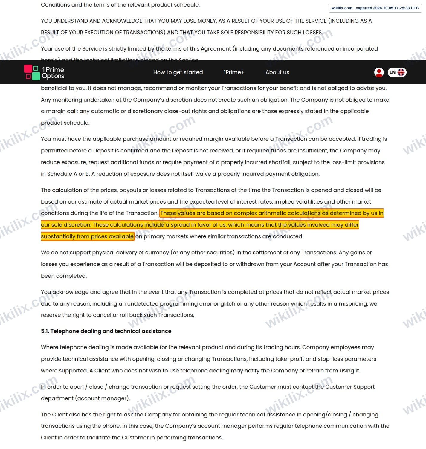 Our full page screenshot of the page this clause sits on, on 1PrimeOptions's site 1primeoptions.com, taken on Oct 5, 2026. The quoted words are marked in the image.