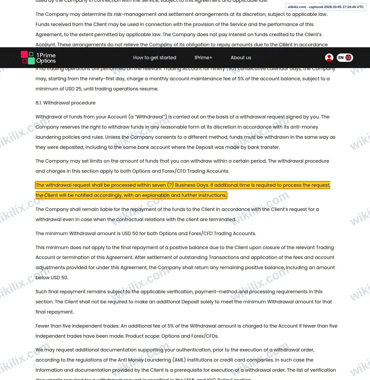 Our full page screenshot of the page this clause sits on, on 1PrimeOptions's site 1primeoptions.com, taken on Oct 5, 2026. The quoted words are marked in the image.