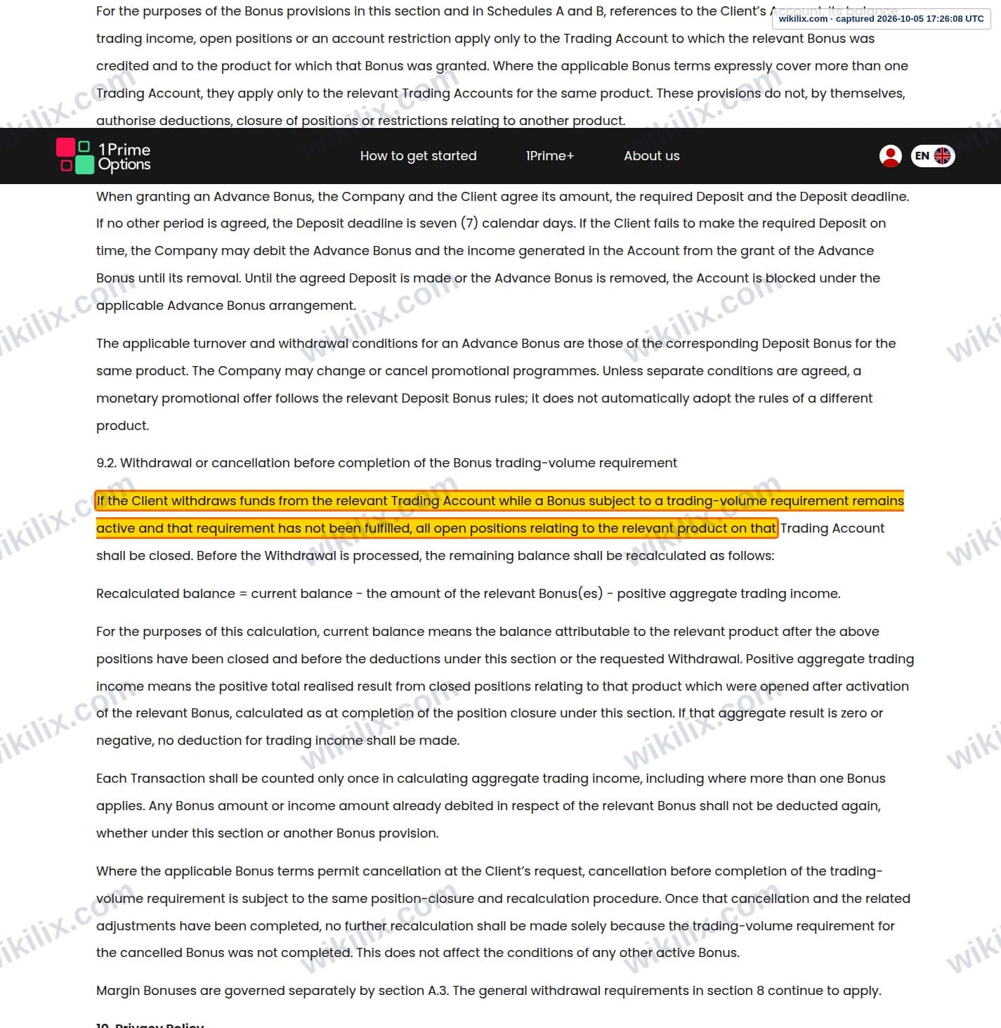 Our full page screenshot of the page this clause sits on, on 1PrimeOptions's site 1primeoptions.com, taken on Oct 5, 2026. The quoted words are marked in the image.