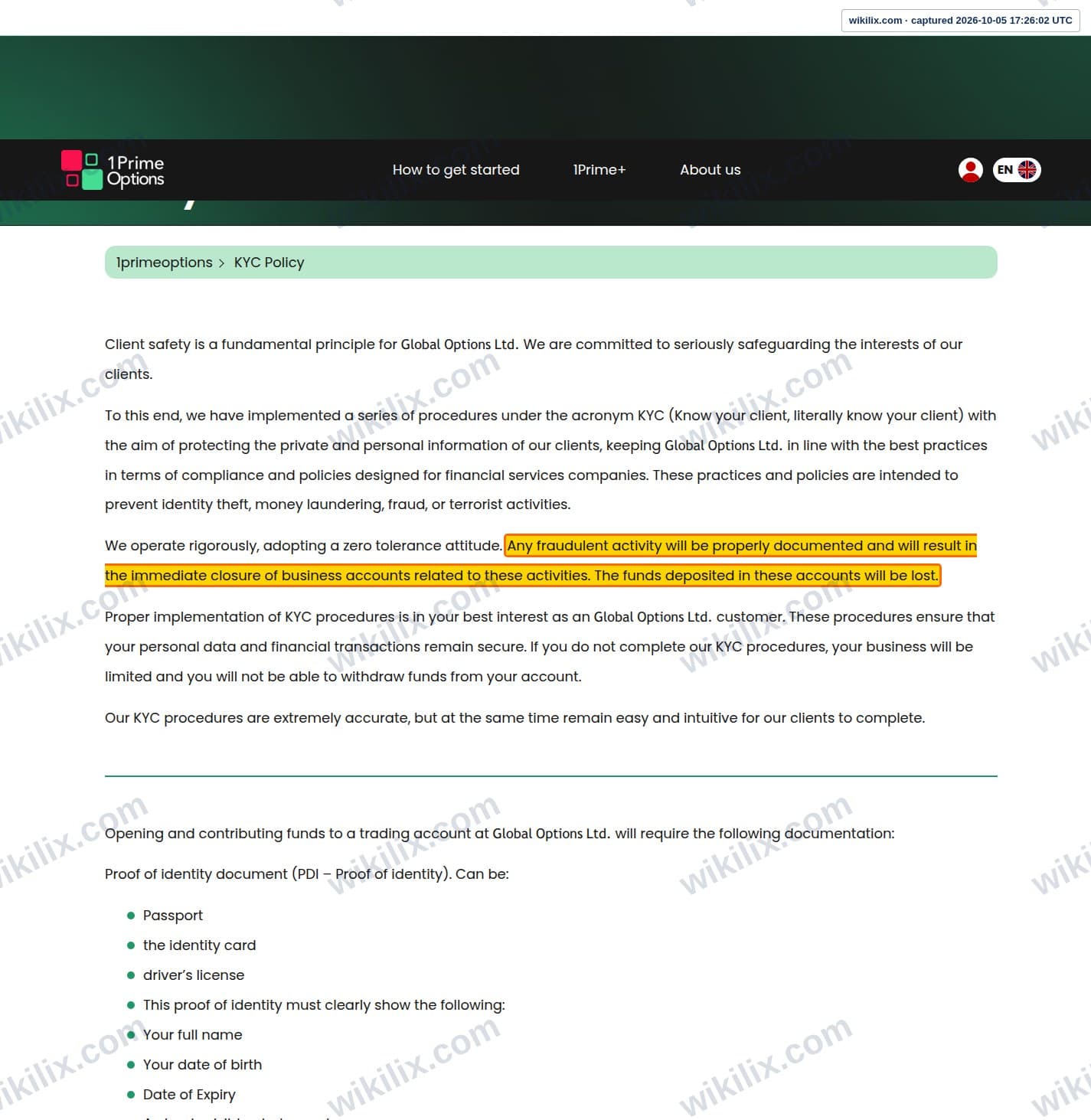 Our full page screenshot of the page this clause sits on, on 1PrimeOptions's site 1primeoptions.com, taken on Oct 5, 2026. The quoted words are marked in the image.