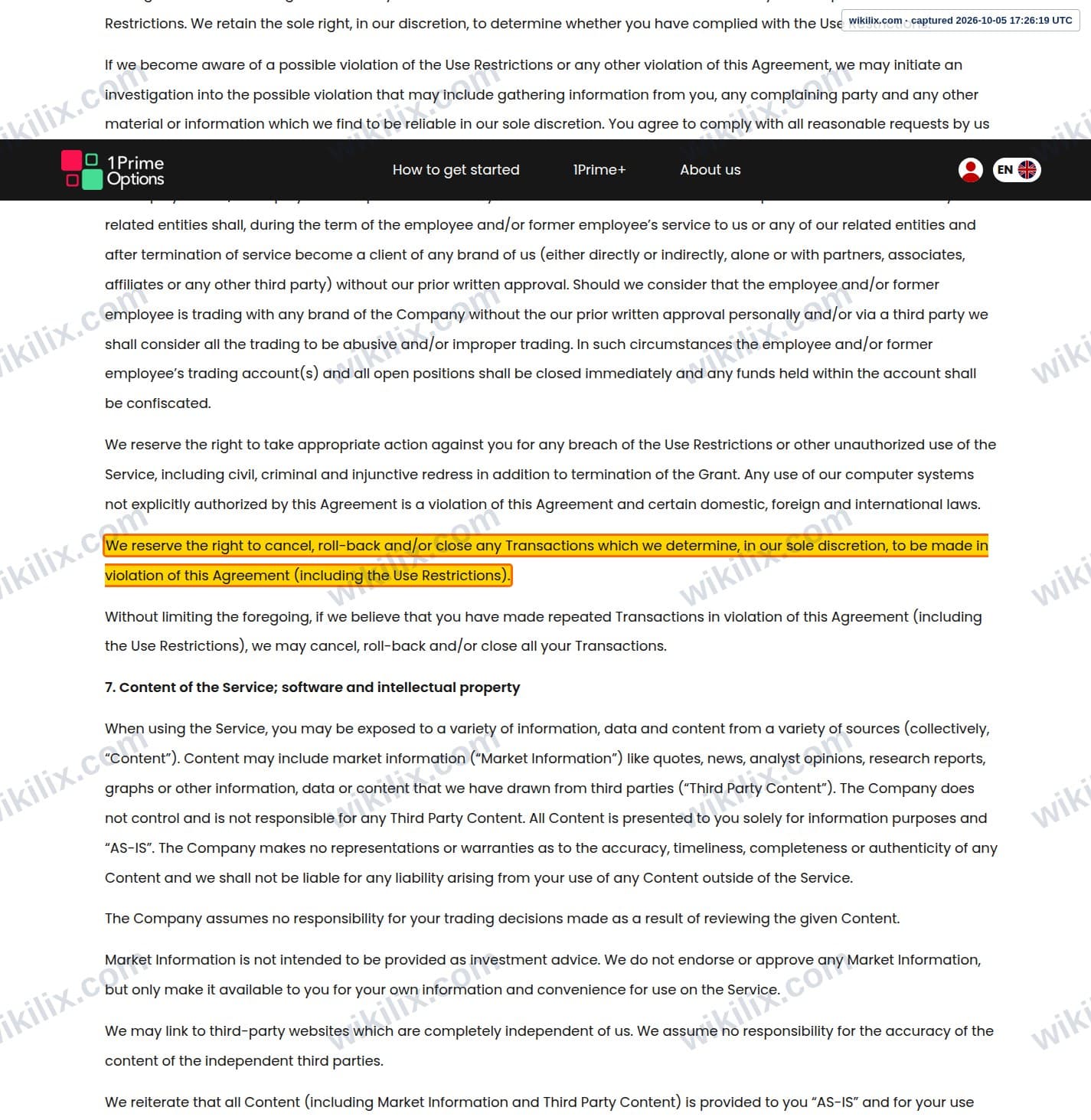 Our full page screenshot of the page this clause sits on, on 1PrimeOptions's site 1primeoptions.com, taken on Oct 5, 2026. The quoted words are marked in the image.