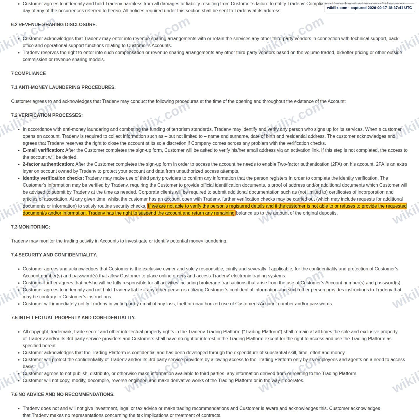 Our full page screenshot of the page this clause sits on, on Envi FX's site web.archive.org, taken on Sep 17, 2026. The quoted words are marked in the image.