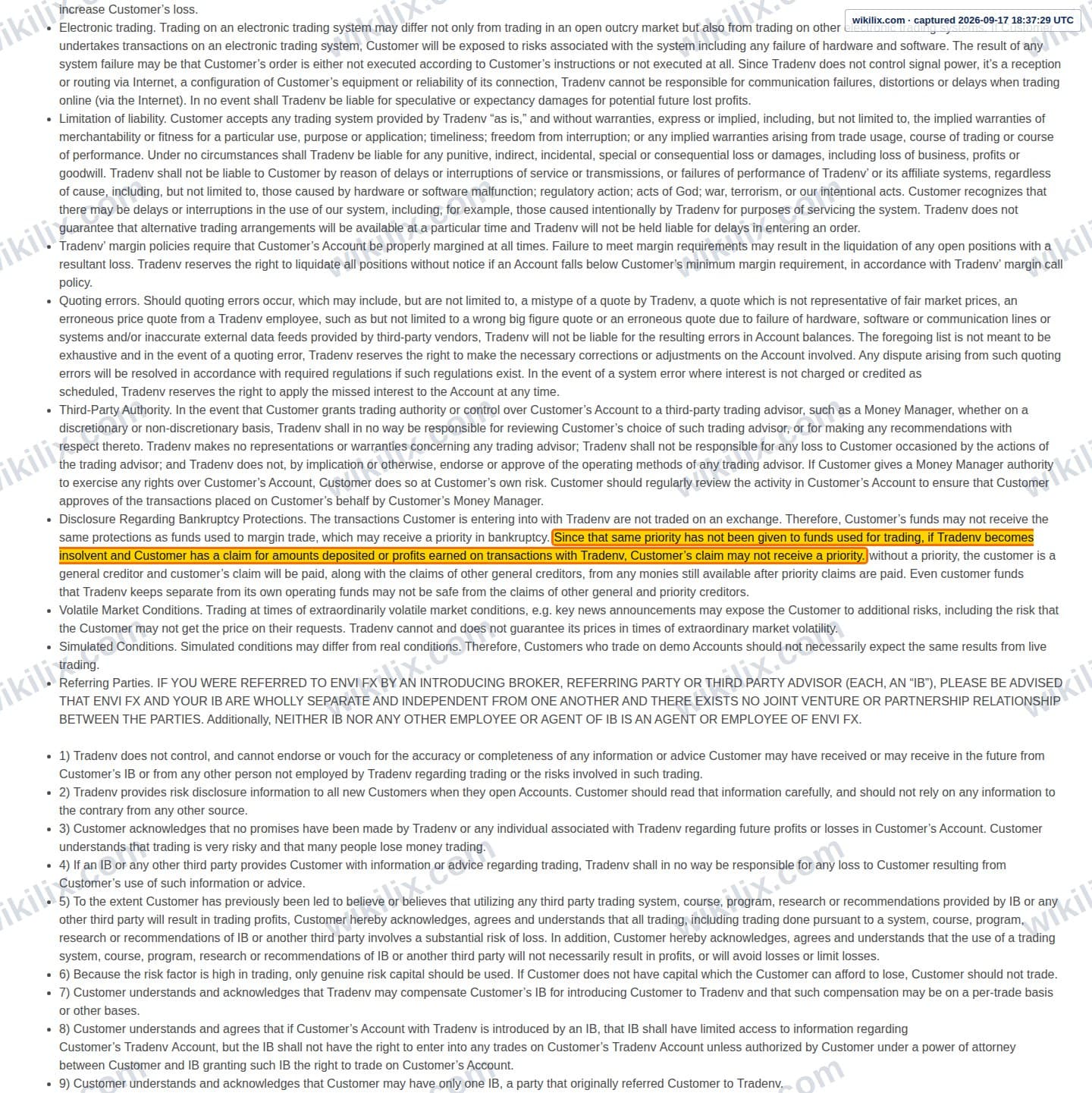 Our full page screenshot of the page this clause sits on, on Envi FX's site web.archive.org, taken on Sep 17, 2026. The quoted words are marked in the image.