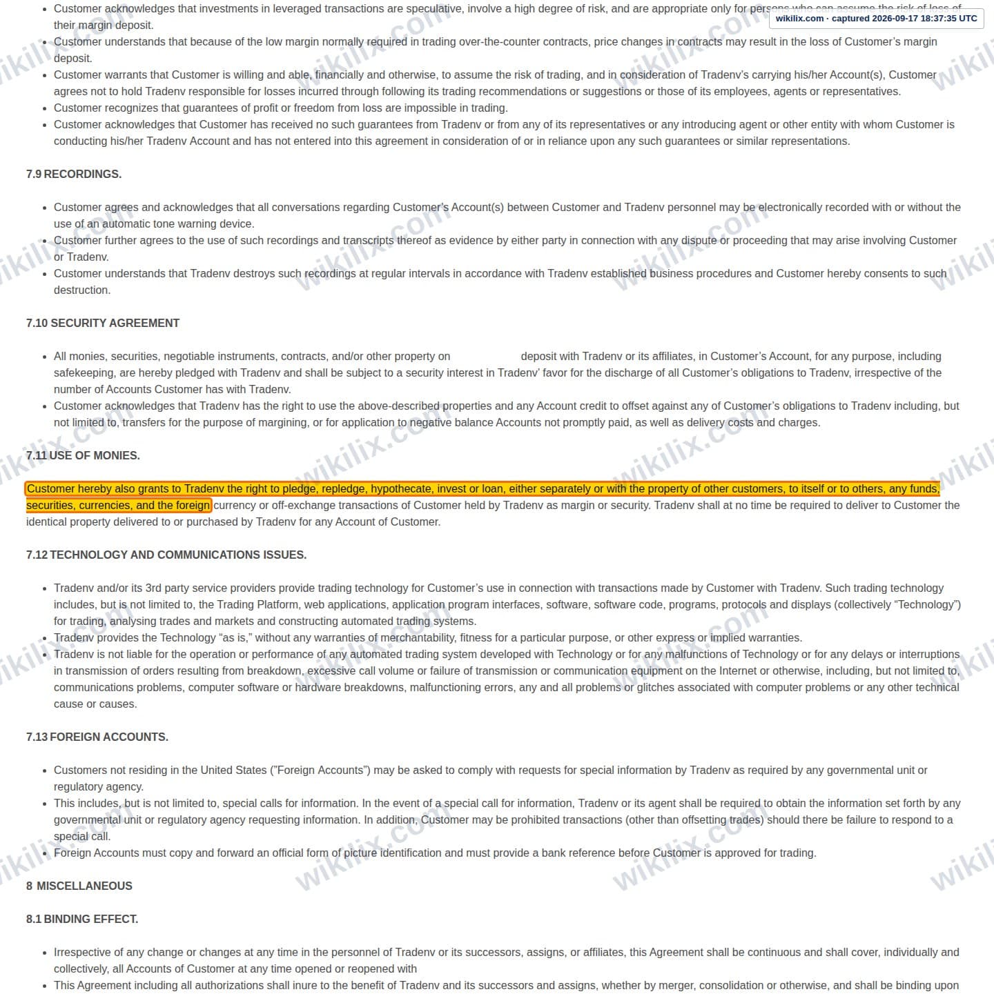 Our full page screenshot of the page this clause sits on, on Envi FX's site web.archive.org, taken on Sep 17, 2026. The quoted words are marked in the image.
