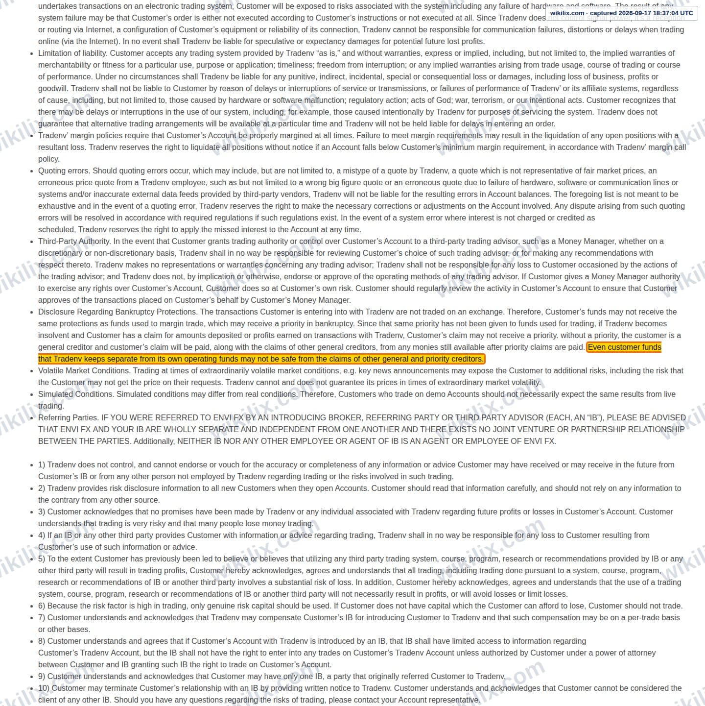 Our full page screenshot of the page this clause sits on, on Envi FX's site web.archive.org, taken on Sep 17, 2026. The quoted words are marked in the image.