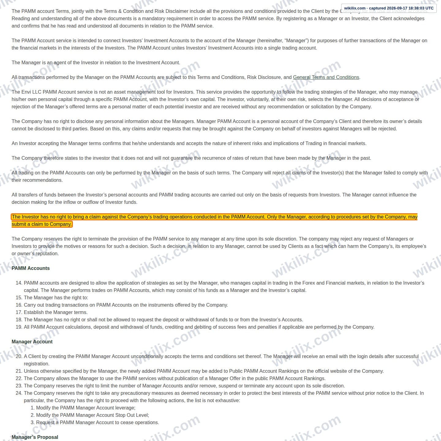 Our full page screenshot of the page this clause sits on, on Envi FX's site web.archive.org, taken on Sep 17, 2026. The quoted words are marked in the image.