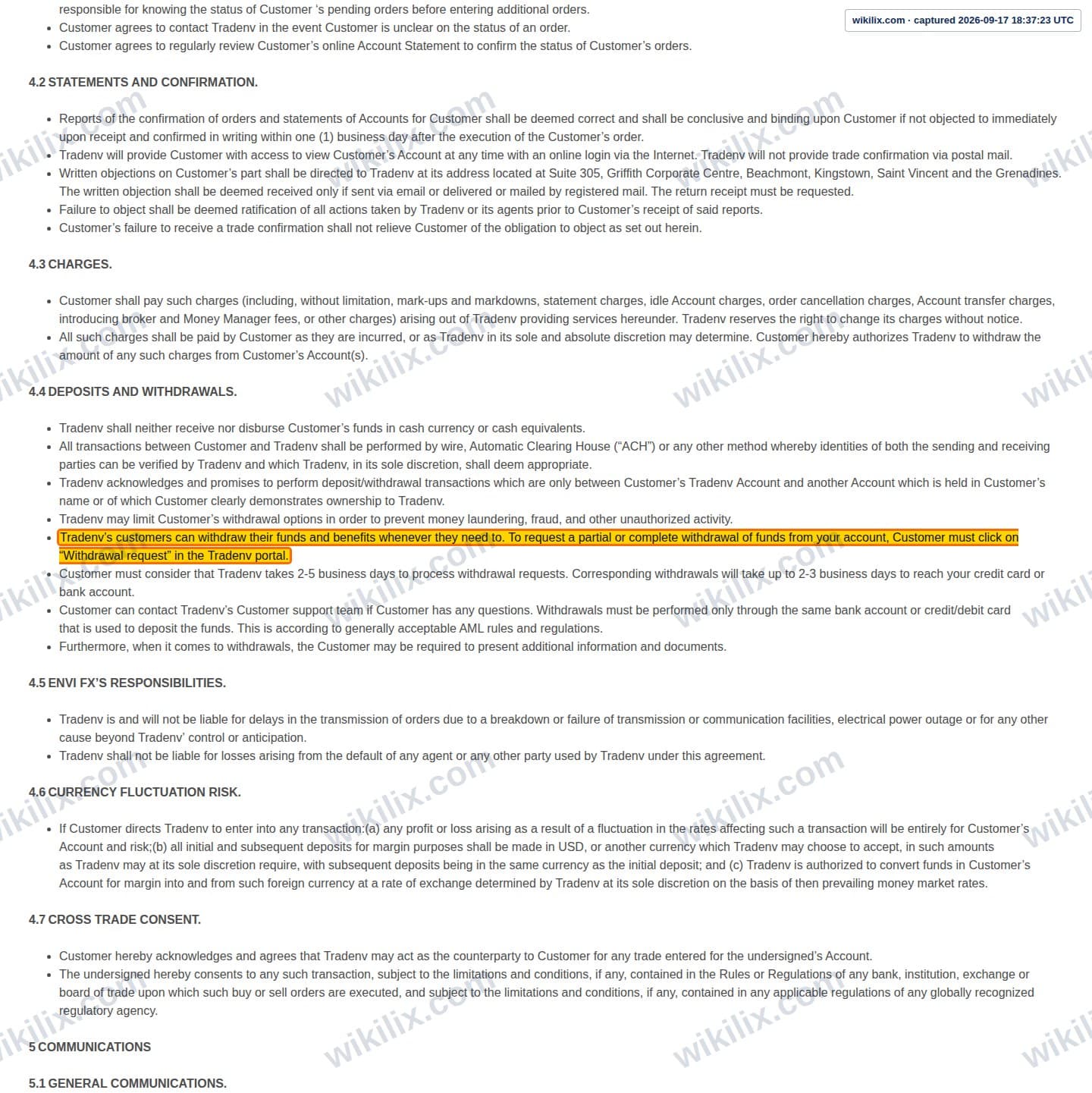 Our full page screenshot of the page this clause sits on, on Envi FX's site web.archive.org, taken on Sep 17, 2026. The quoted words are marked in the image.