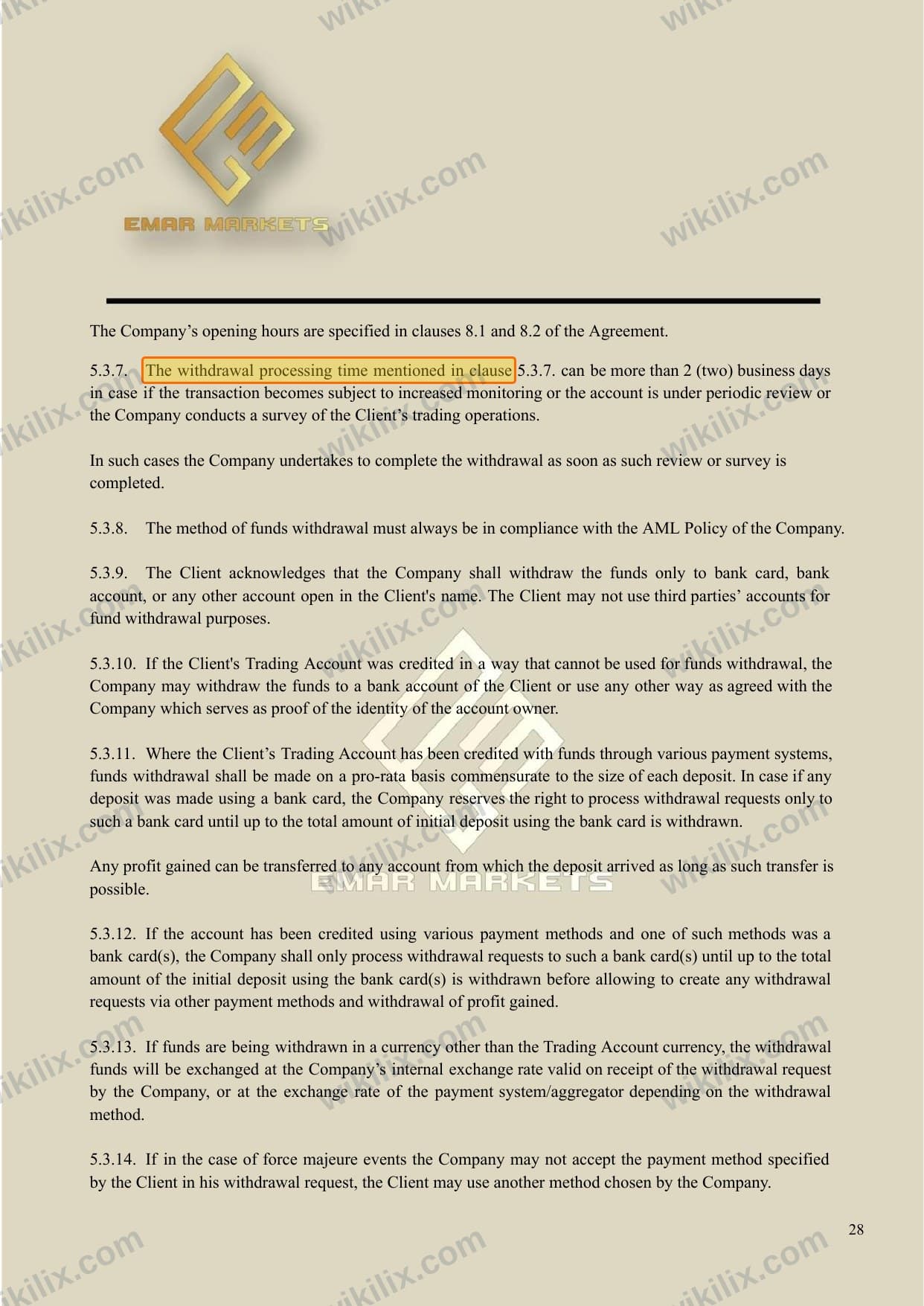 Our full page screenshot of the page this clause sits on, on EMAR MARKETS's site emarmarkets.com, taken on Aug 24, 2026. The quoted words are marked in the image.
