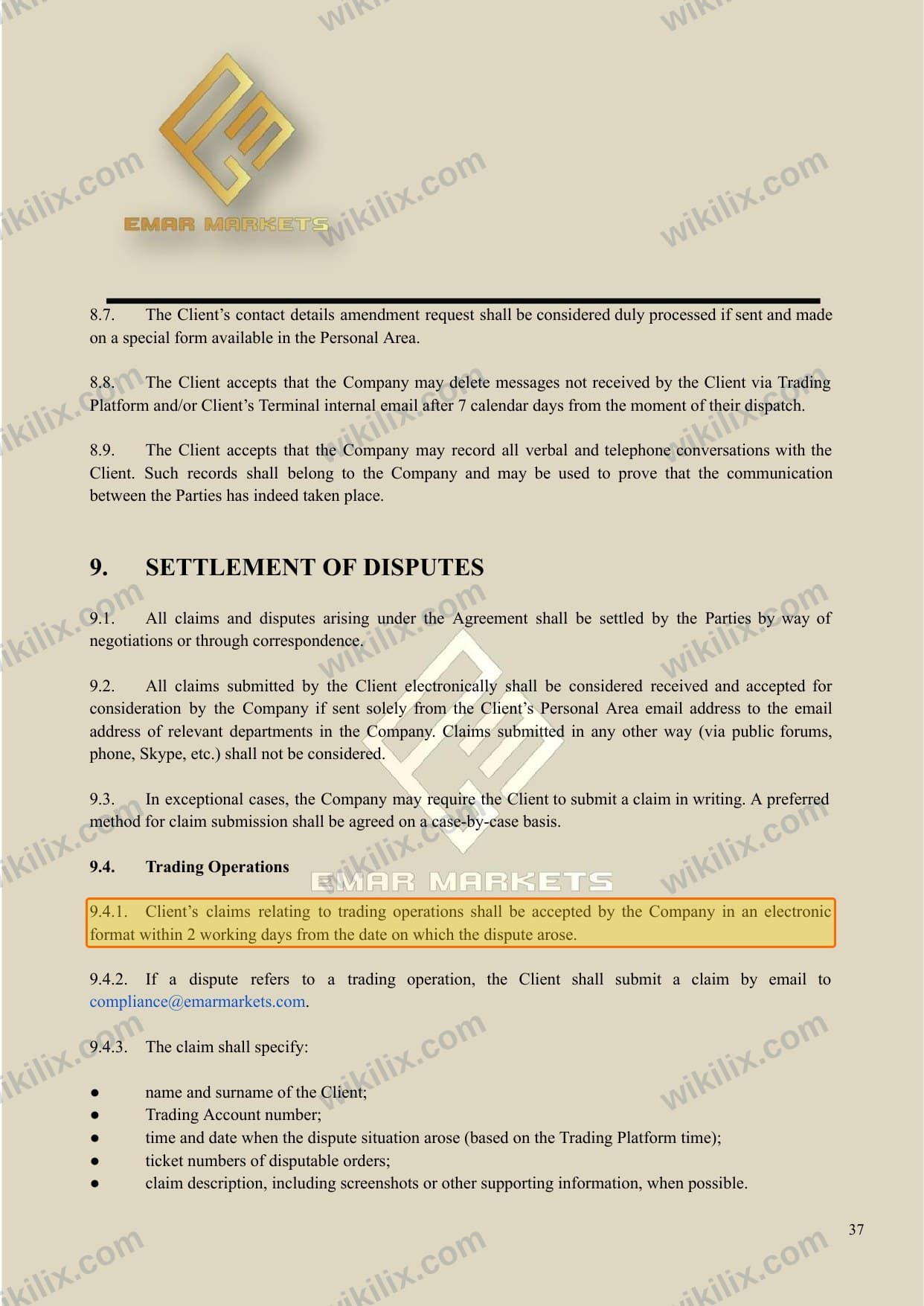 Our full page screenshot of the page this clause sits on, on EMAR MARKETS's site emarmarkets.com, taken on Aug 24, 2026. The quoted words are marked in the image.