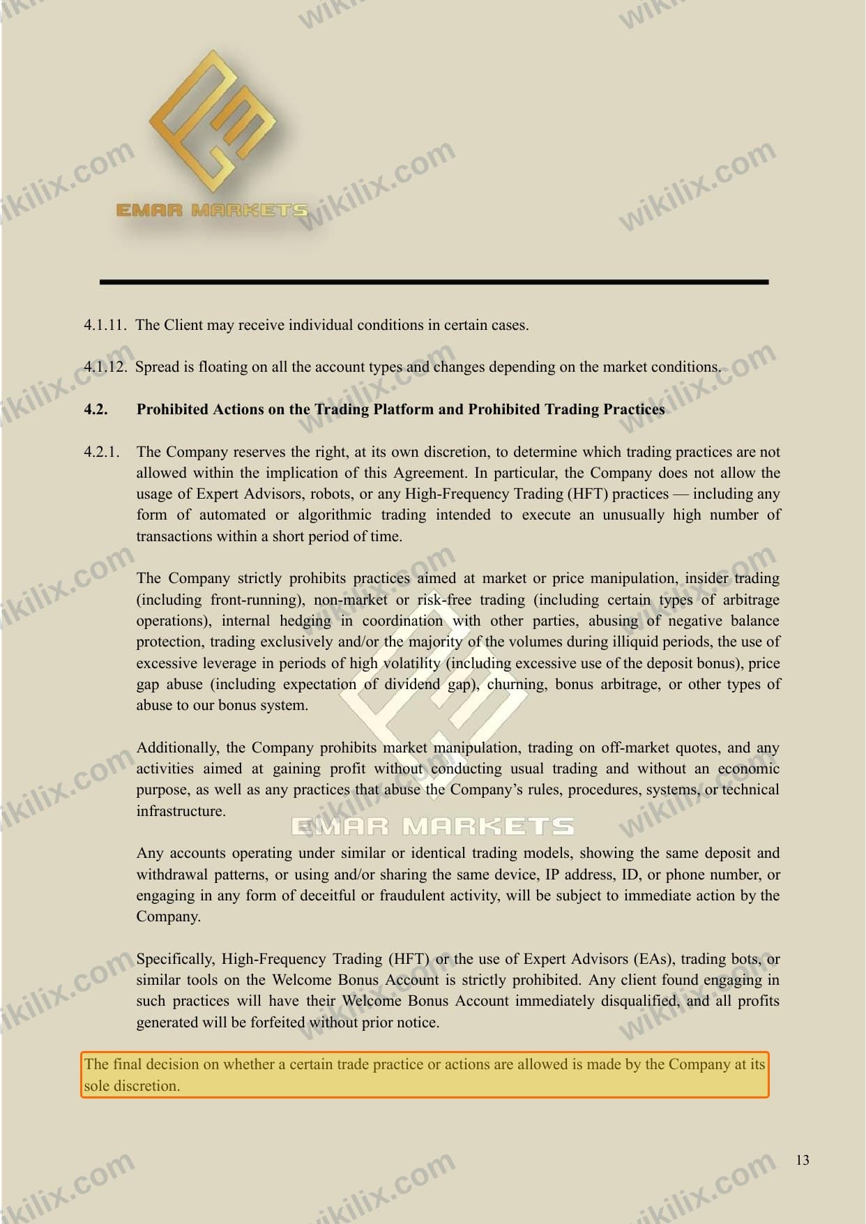 Our full page screenshot of the page this clause sits on, on EMAR MARKETS's site emarmarkets.com, taken on Aug 24, 2026. The quoted words are marked in the image.