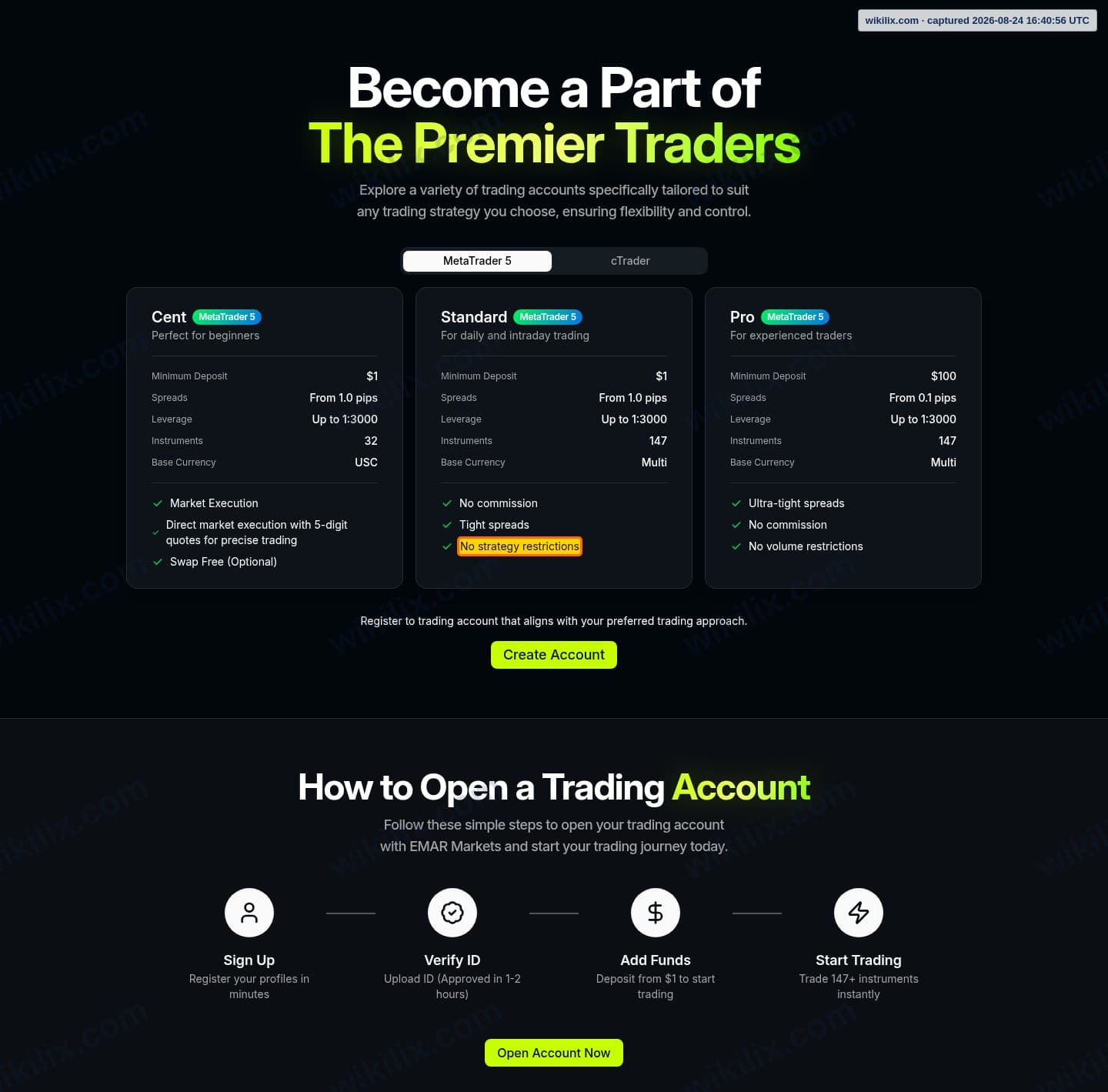 Our full page screenshot of the page that makes this promise, on EMAR MARKETS's site emarmarkets.com, taken on Aug 24, 2026. The quoted words are marked in the image.