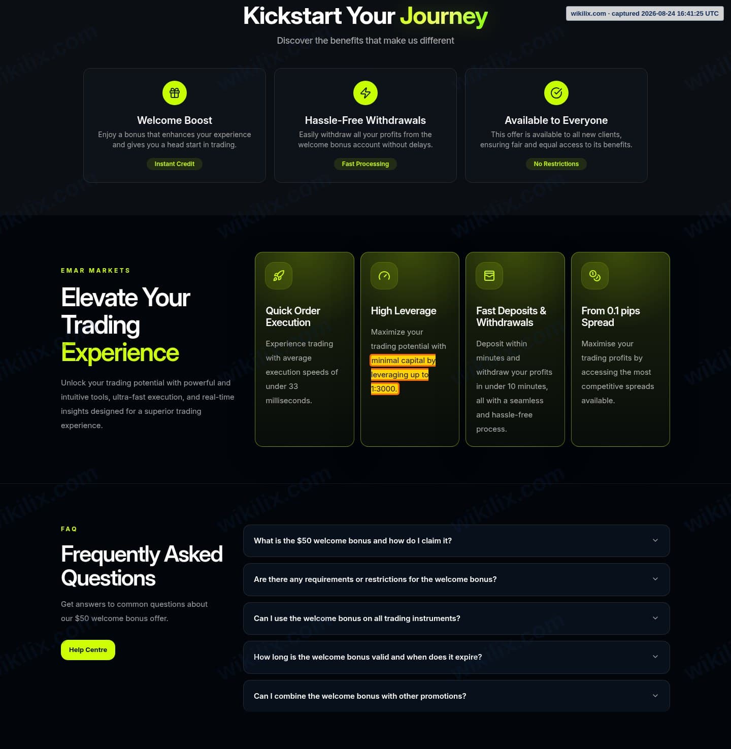 Our full page screenshot of the page that makes this promise, on EMAR MARKETS's site emarmarkets.com, taken on Aug 24, 2026. The quoted words are marked in the image.