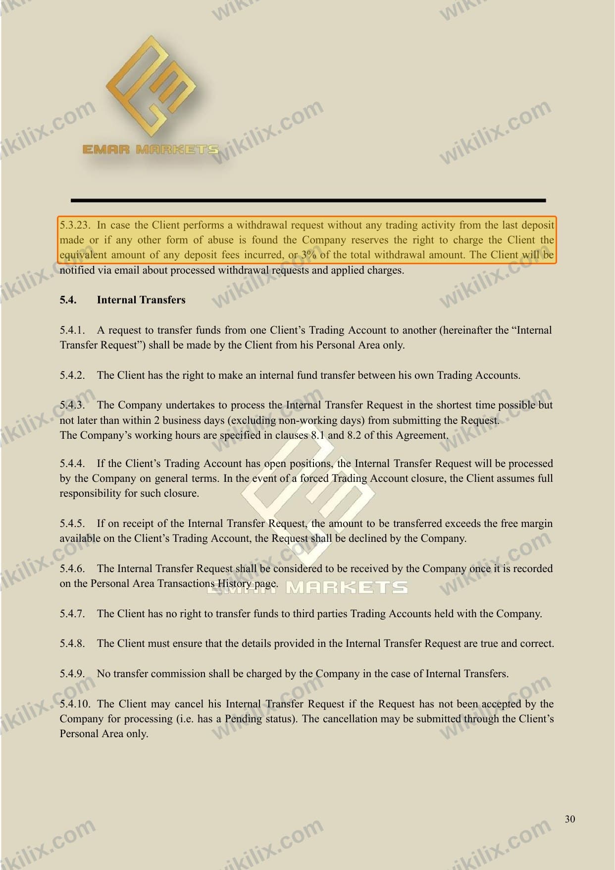 Our full page screenshot of the page this clause sits on, on EMAR MARKETS's site emarmarkets.com, taken on Aug 24, 2026. The quoted words are marked in the image.