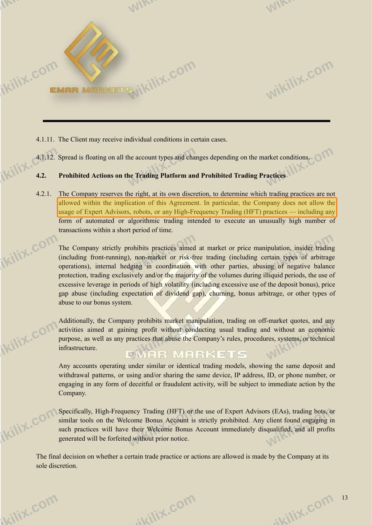 Our full page screenshot of the page this clause sits on, on EMAR MARKETS's site emarmarkets.com, taken on Aug 24, 2026. The quoted words are marked in the image.