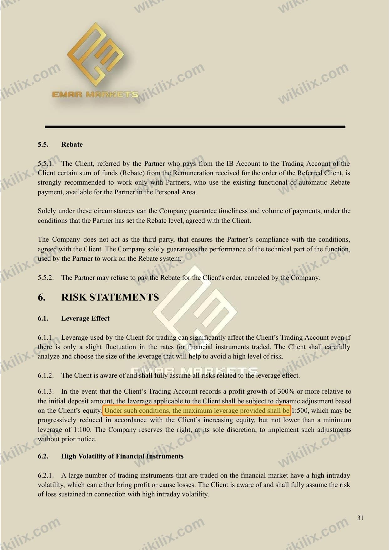 Our full page screenshot of the page this clause sits on, on EMAR MARKETS's site emarmarkets.com, taken on Aug 24, 2026. The quoted words are marked in the image.