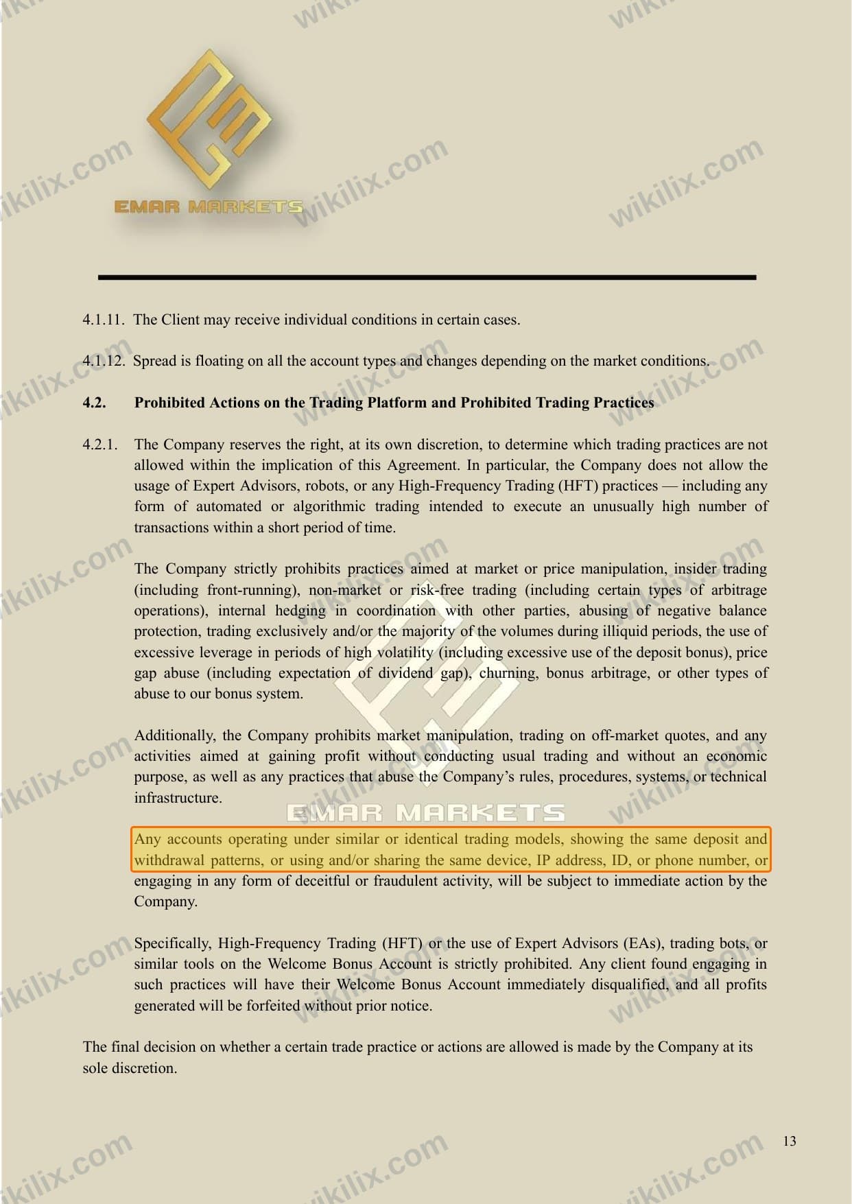 Our full page screenshot of the page this clause sits on, on EMAR MARKETS's site emarmarkets.com, taken on Aug 24, 2026. The quoted words are marked in the image.