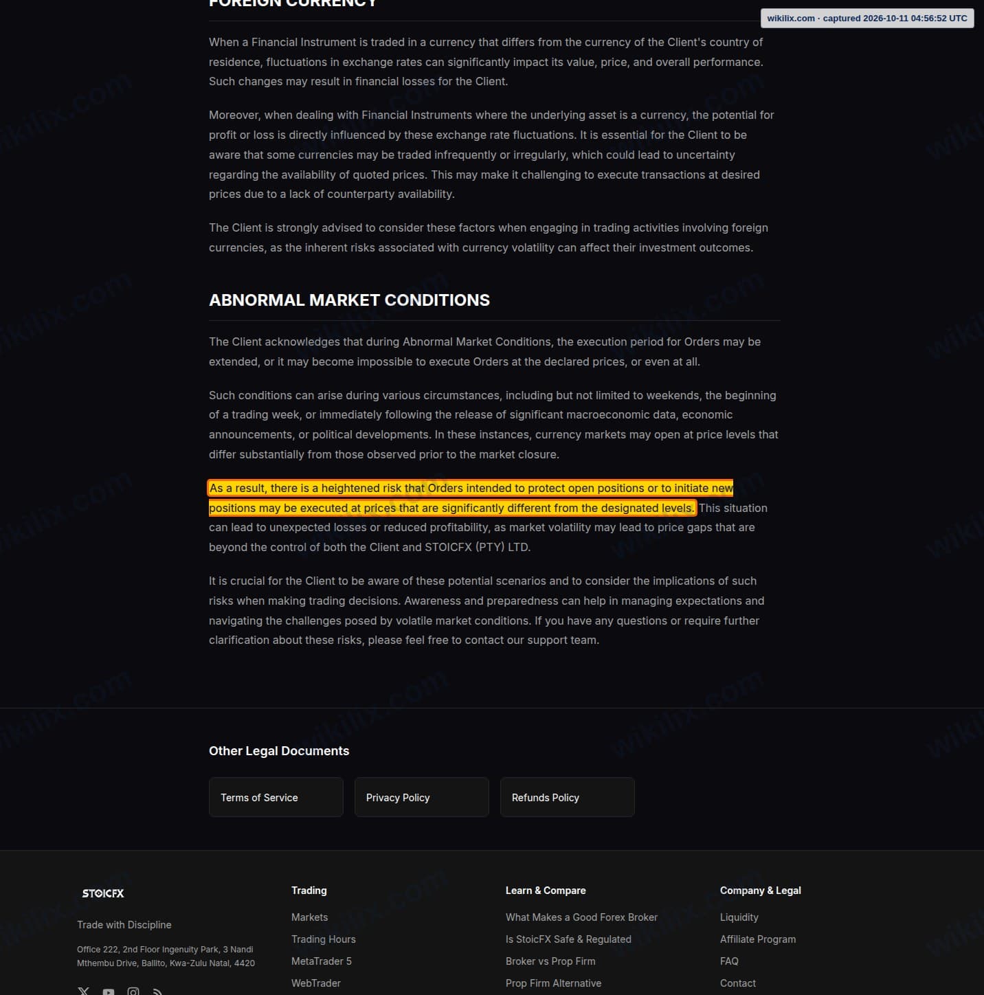 Our full page screenshot of the page this clause sits on, on STOICFX's site stoicfx.com, taken on Oct 11, 2026. The quoted words are marked in the image.