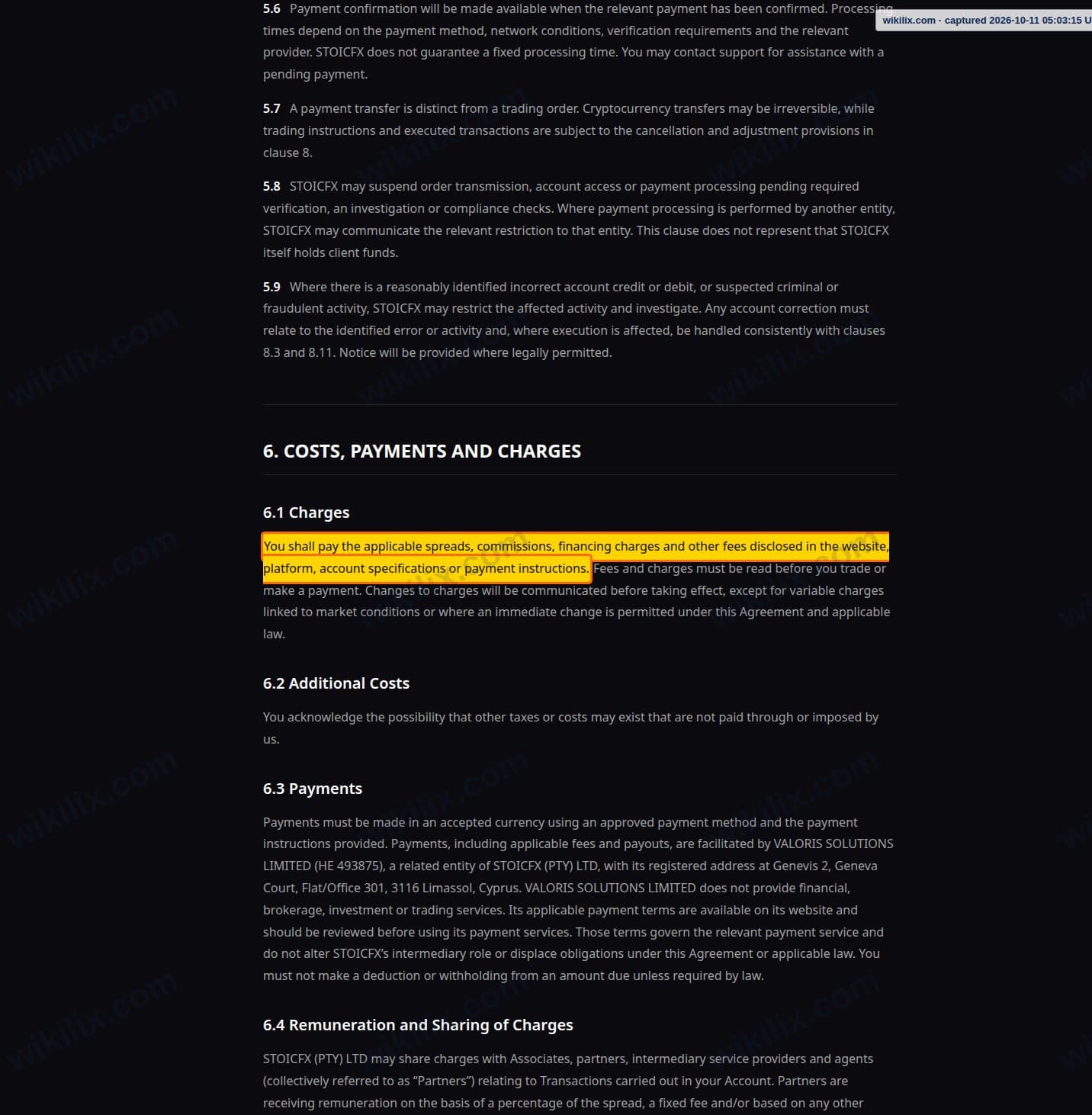 Our full page screenshot of the page this clause sits on, on STOICFX's site stoicfx.com, taken on Oct 11, 2026. The quoted words are marked in the image.