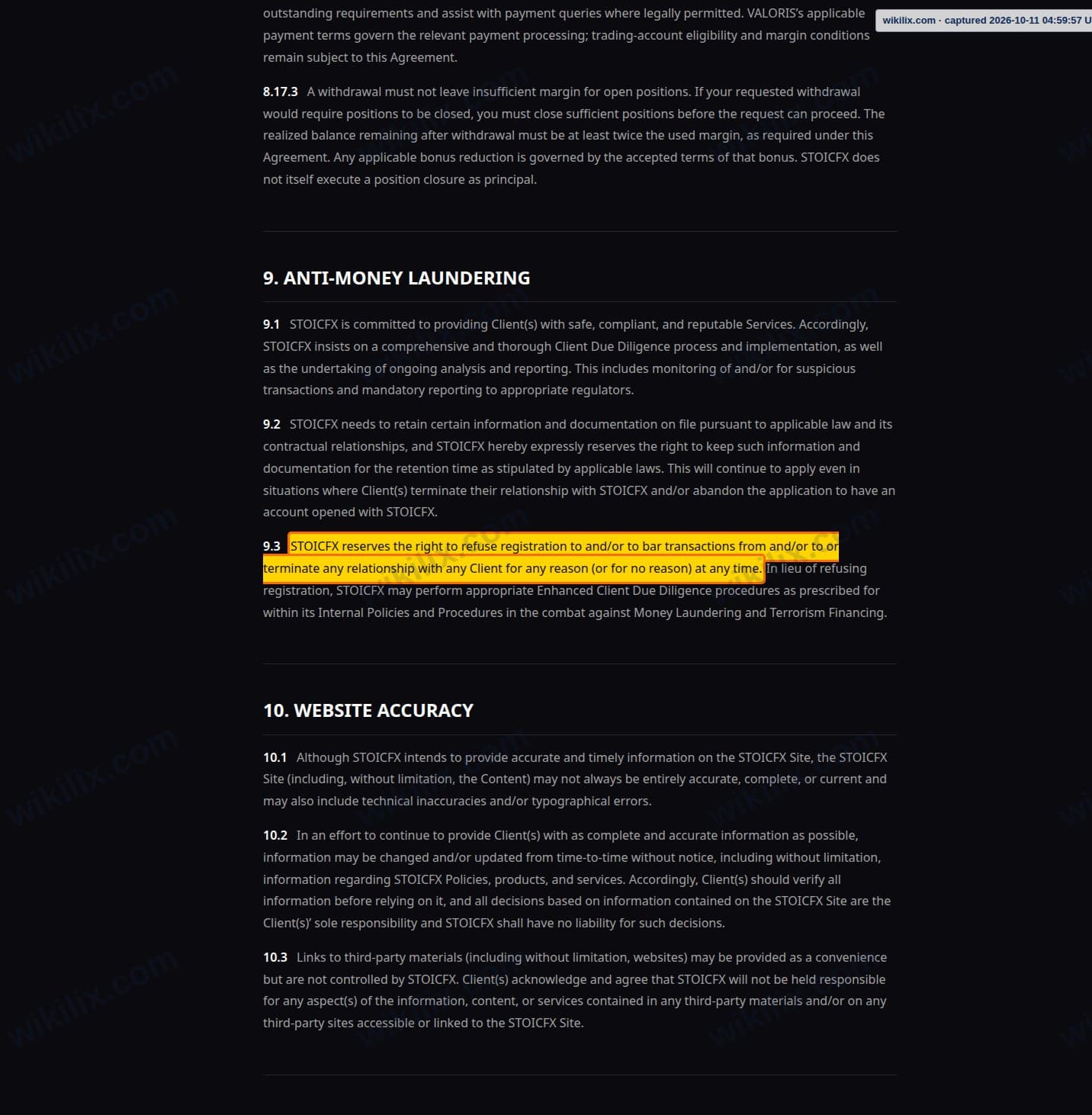 Our full page screenshot of the page this clause sits on, on STOICFX's site stoicfx.com, taken on Oct 11, 2026. The quoted words are marked in the image.