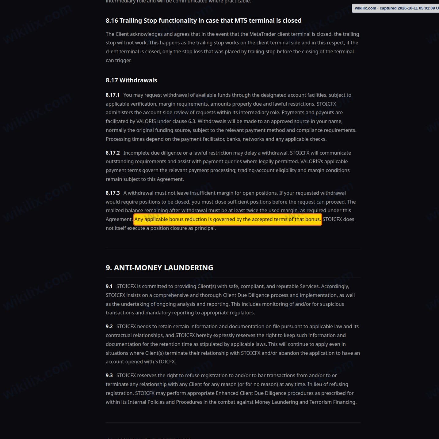 Our full page screenshot of the page this clause sits on, on STOICFX's site stoicfx.com, taken on Oct 11, 2026. The quoted words are marked in the image.