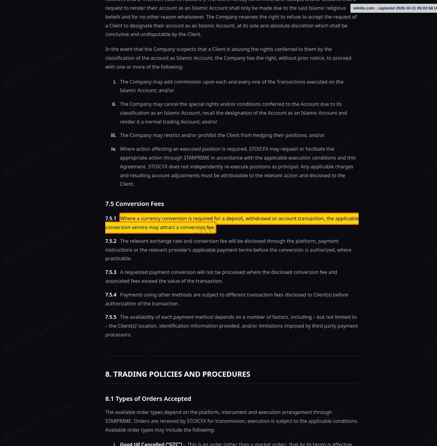 Our full page screenshot of the page this clause sits on, on STOICFX's site stoicfx.com, taken on Oct 11, 2026. The quoted words are marked in the image.