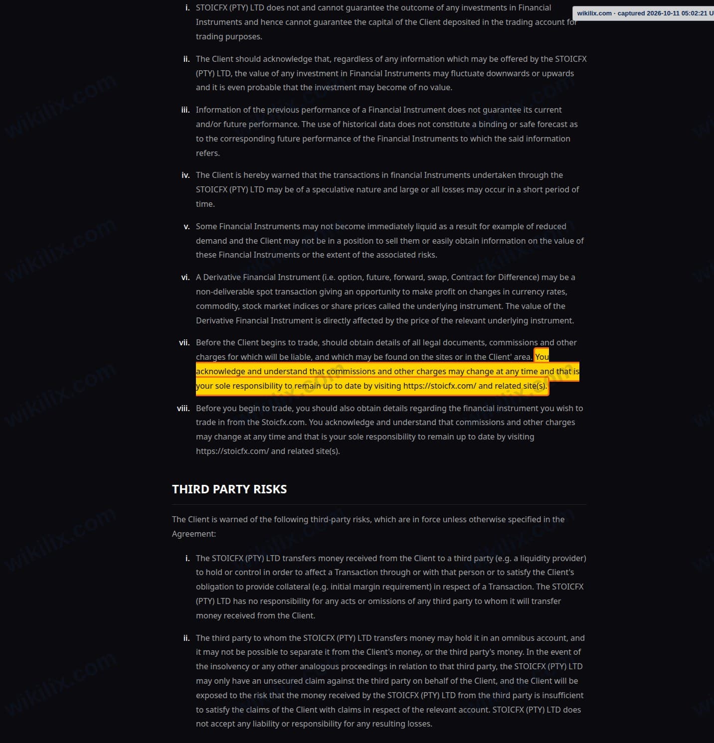Our full page screenshot of the page this clause sits on, on STOICFX's site stoicfx.com, taken on Oct 11, 2026. The quoted words are marked in the image.