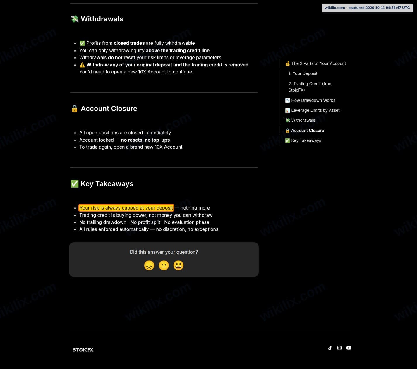 Our full page screenshot of the page that makes this promise, on STOICFX's site help.stoicfx.com, taken on Oct 11, 2026. The quoted words are marked in the image.