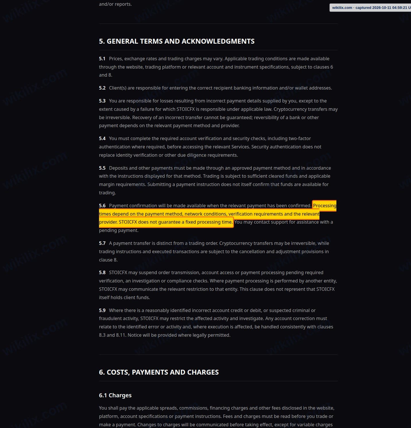 Our full page screenshot of the page this clause sits on, on STOICFX's site stoicfx.com, taken on Oct 11, 2026. The quoted words are marked in the image.