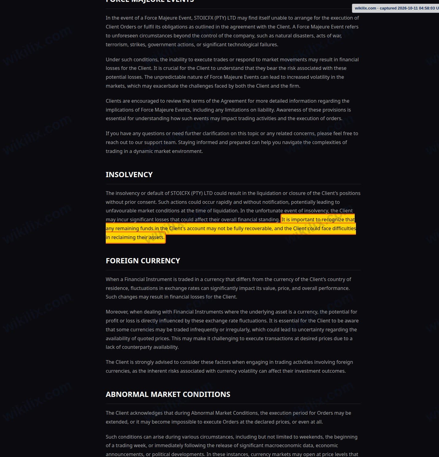 Our full page screenshot of the page this clause sits on, on STOICFX's site stoicfx.com, taken on Oct 11, 2026. The quoted words are marked in the image.