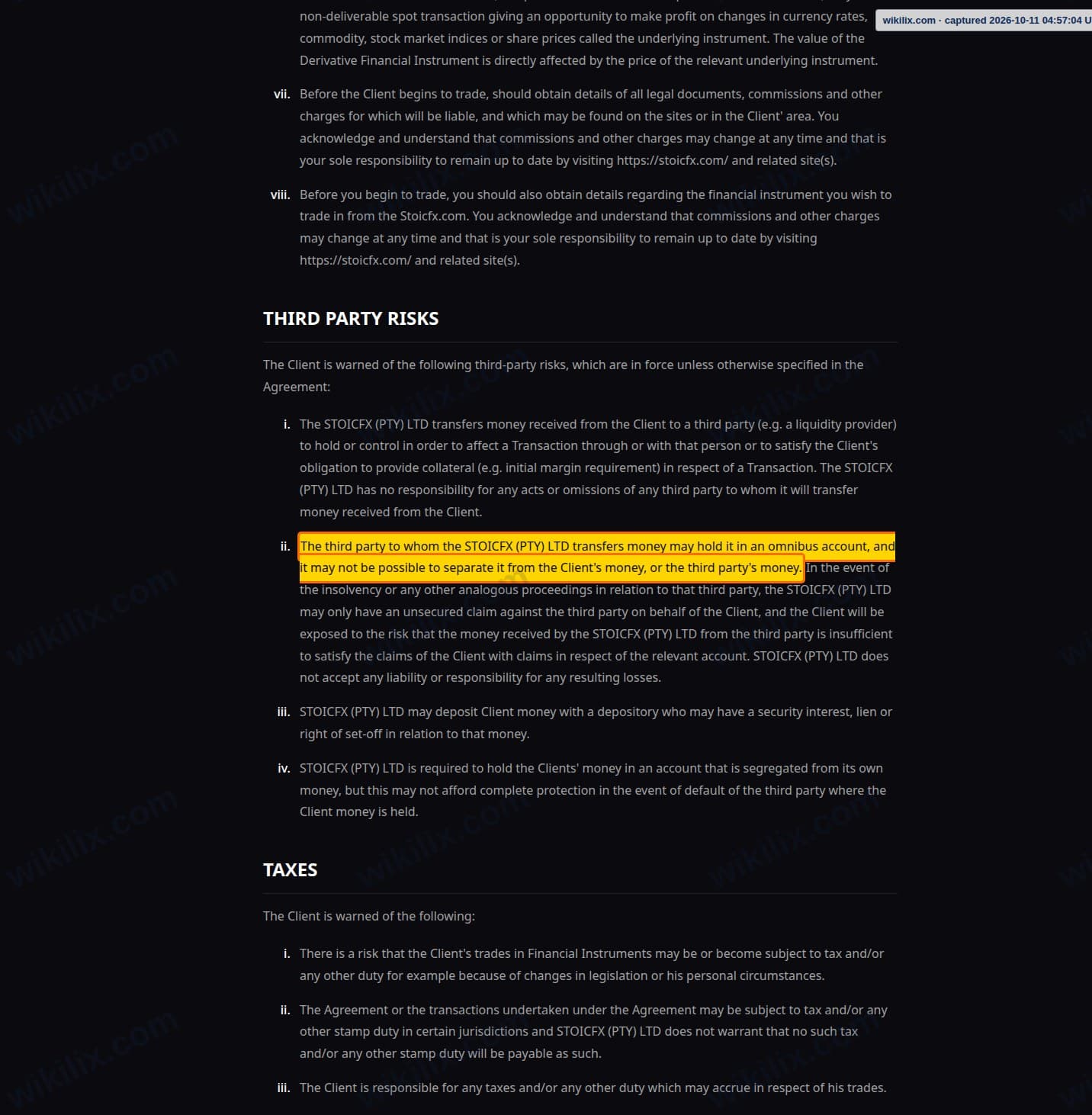 Our full page screenshot of the page this clause sits on, on STOICFX's site stoicfx.com, taken on Oct 11, 2026. The quoted words are marked in the image.