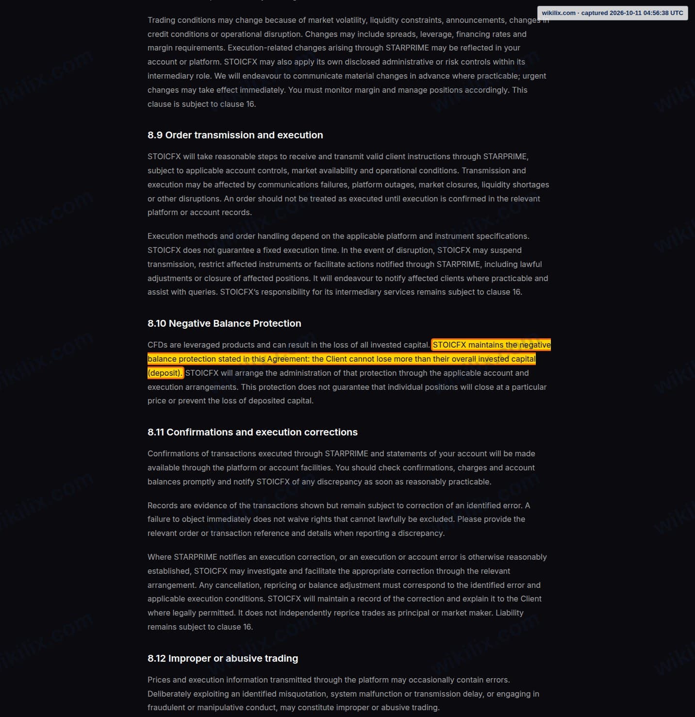 Our full page screenshot of the page this clause sits on, on STOICFX's site stoicfx.com, taken on Oct 11, 2026. The quoted words are marked in the image.