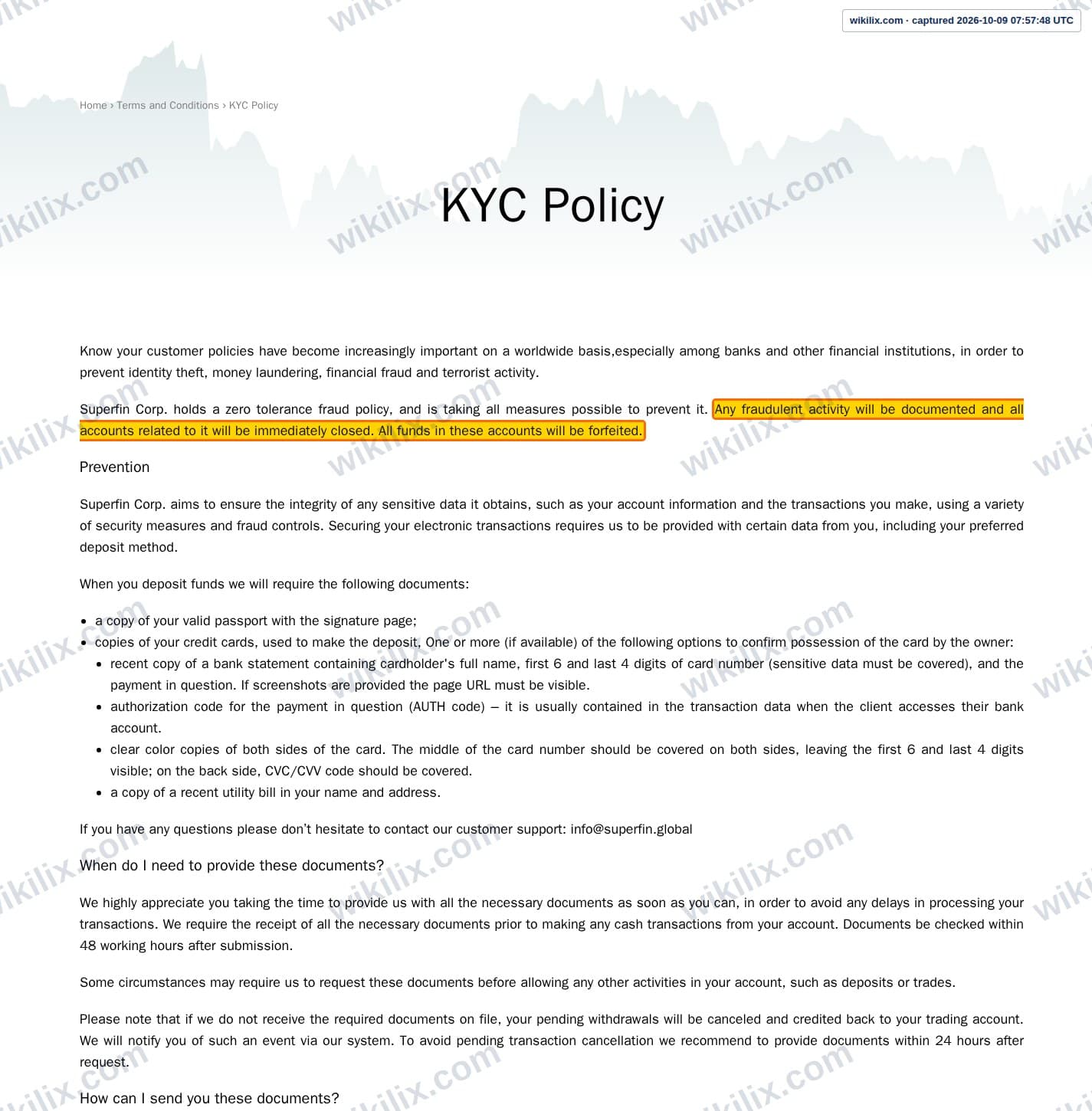 Our full page screenshot of the page this clause sits on, on SuperFin's site superfin.global, taken on Oct 9, 2026. The quoted words are marked in the image.