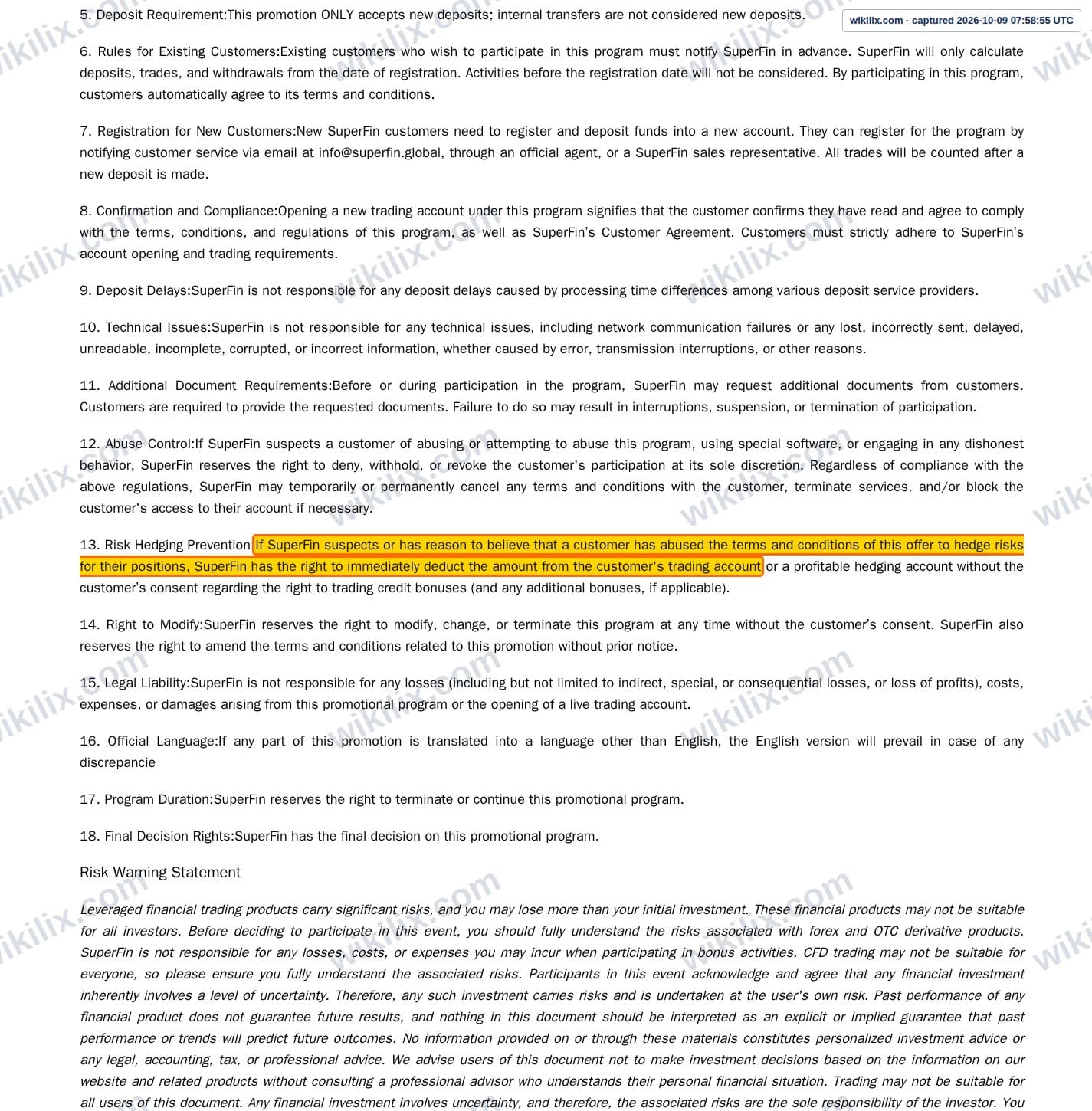 Our full page screenshot of the page this clause sits on, on SuperFin's site superfin.global, taken on Oct 9, 2026. The quoted words are marked in the image.