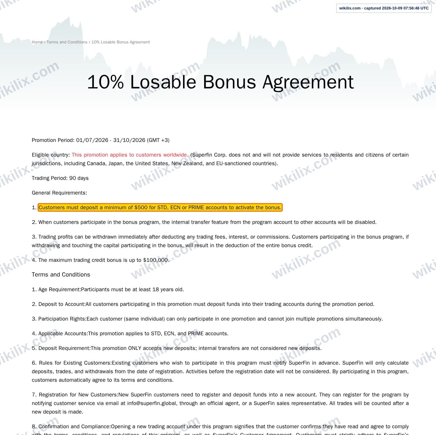 Our full page screenshot of the page this clause sits on, on SuperFin's site superfin.global, taken on Oct 9, 2026. The quoted words are marked in the image.